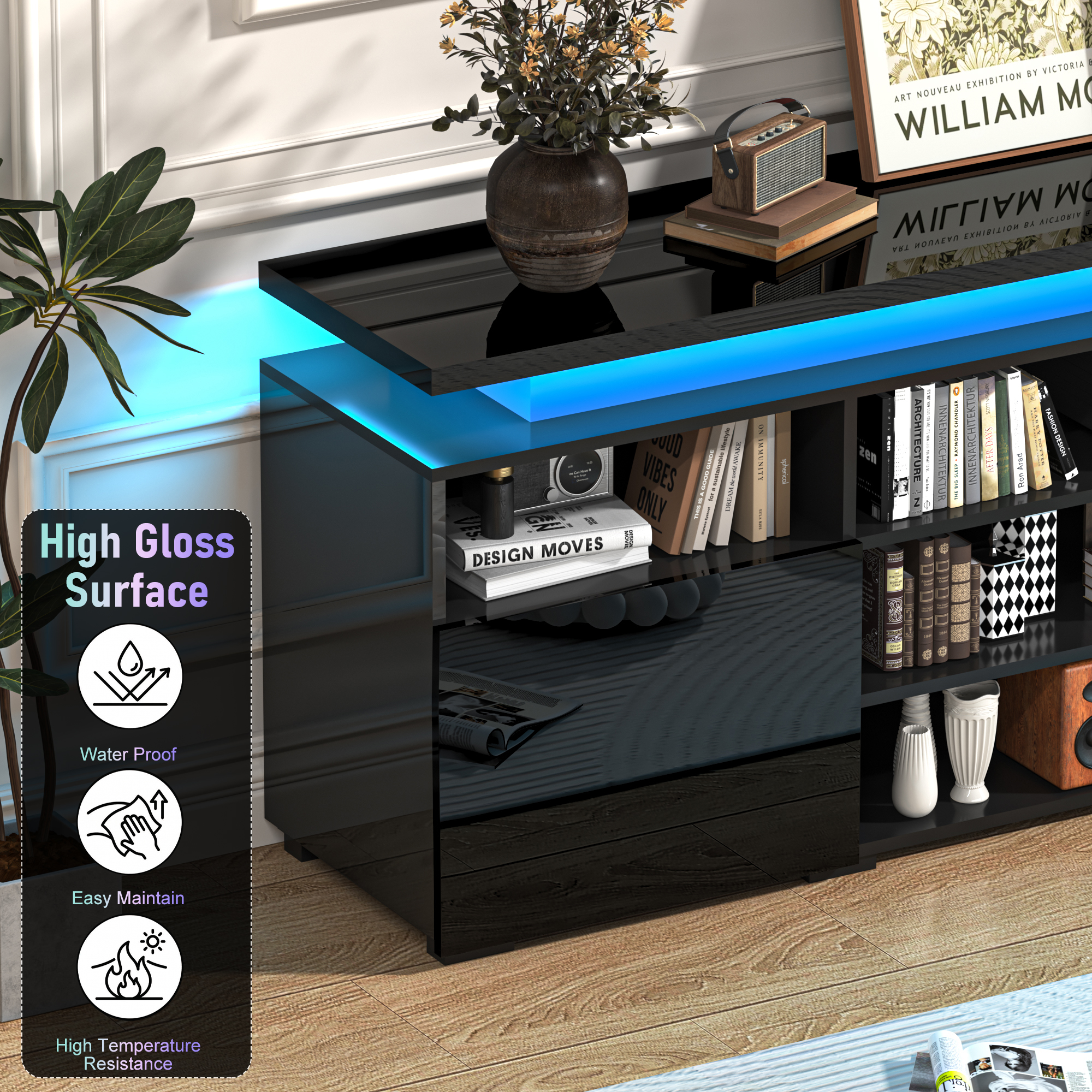 LED TV Stand for TVs up to 80",Entertainment Center with Power Outlet,Modern Floating Gaming Media Console with Open Shelves and 2 Storage Cabinets,Black