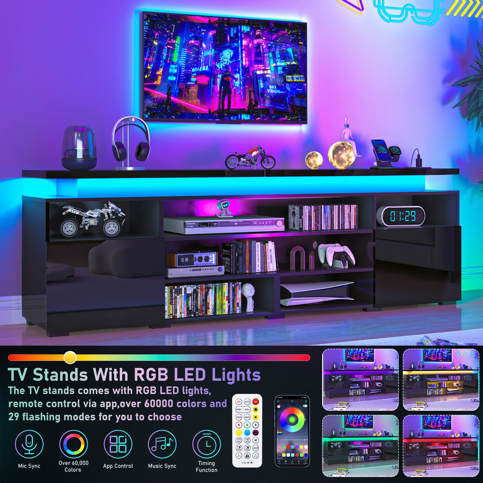 LED TV Stand for TVs up to 80",Entertainment Center with Power Outlet,Modern Floating Gaming Media Console with Open Shelves and 2 Storage Cabinets,Black