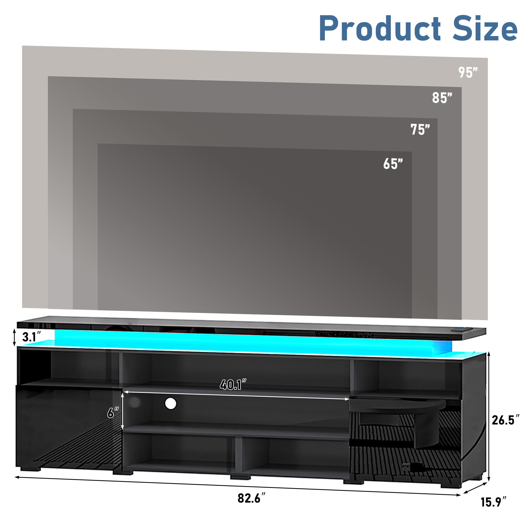 LED TV Stand for TVs up to 80",Entertainment Center with Power Outlet,Modern Floating Gaming Media Console with Open Shelves and 2 Storage Cabinets,Black