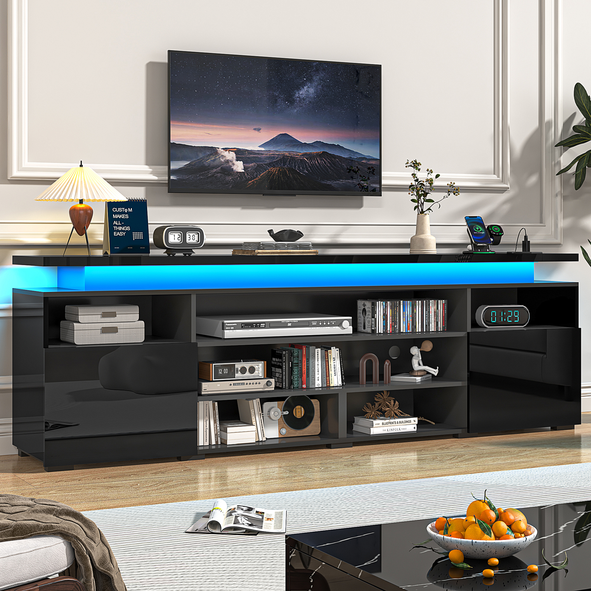 LED TV Stand for TVs up to 80",Entertainment Center with Power Outlet,Modern Floating Gaming Media Console with Open Shelves and 2 Storage Cabinets,Black