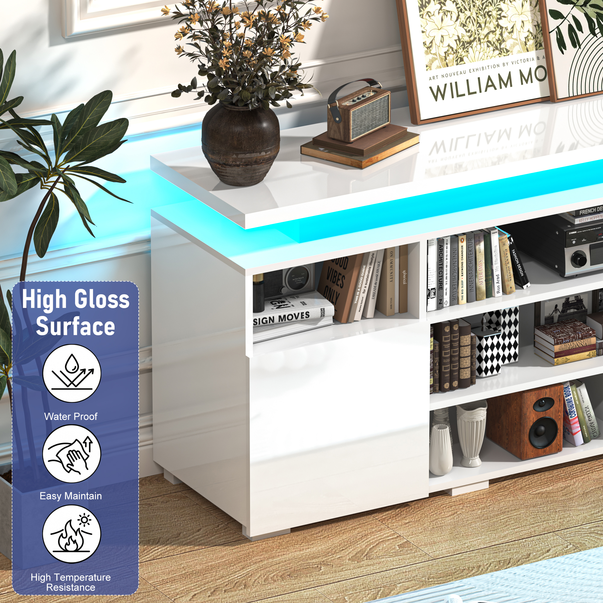 LED TV Stand for TVs up to 80",Entertainment Center with Power Outlet,Modern Floating Gaming Media Console with Open Shelves and 2 Storage Cabinets,Black