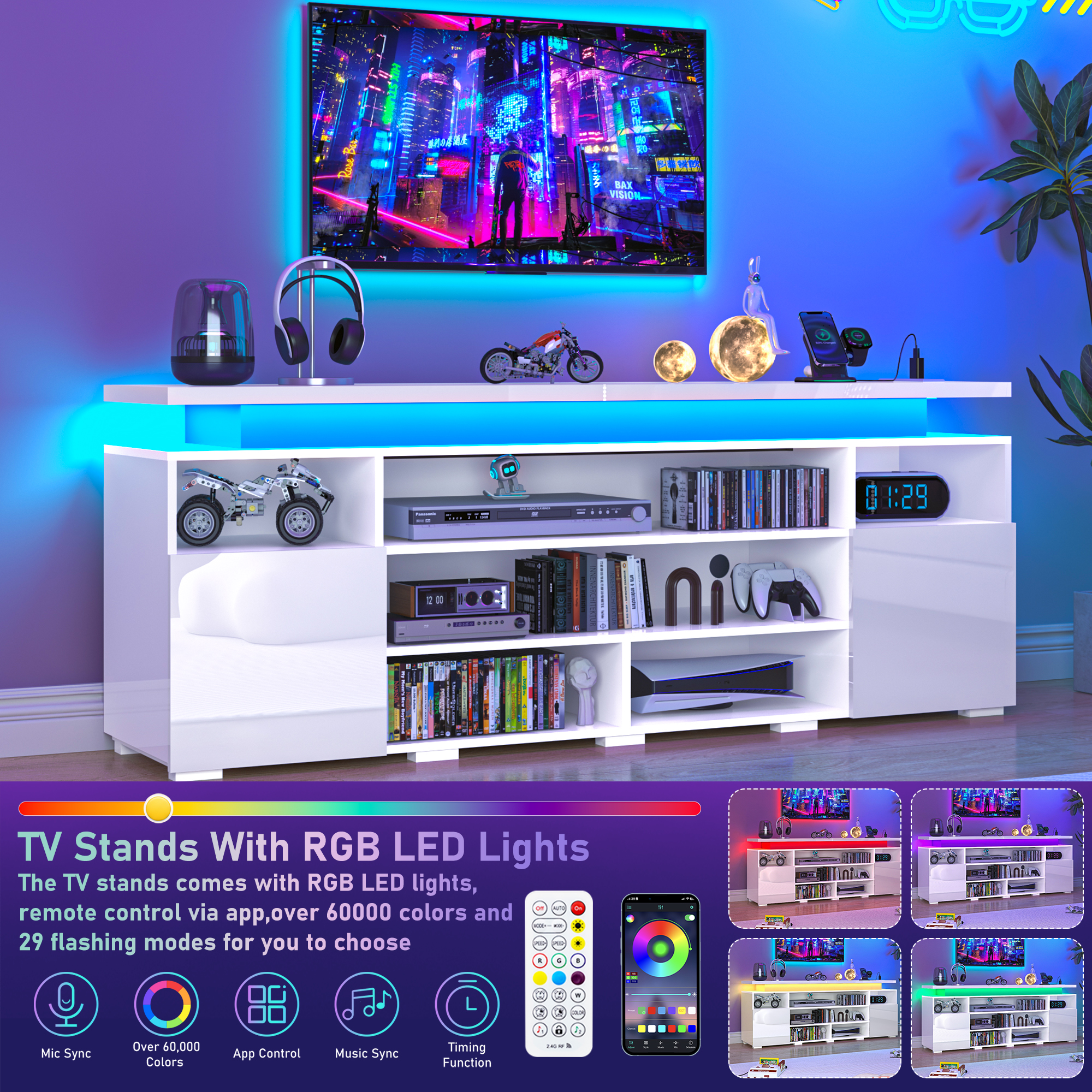 LED TV Stand for TVs up to 80",Entertainment Center with Power Outlet,Modern Floating Gaming Media Console with Open Shelves and 2 Storage Cabinets,Black