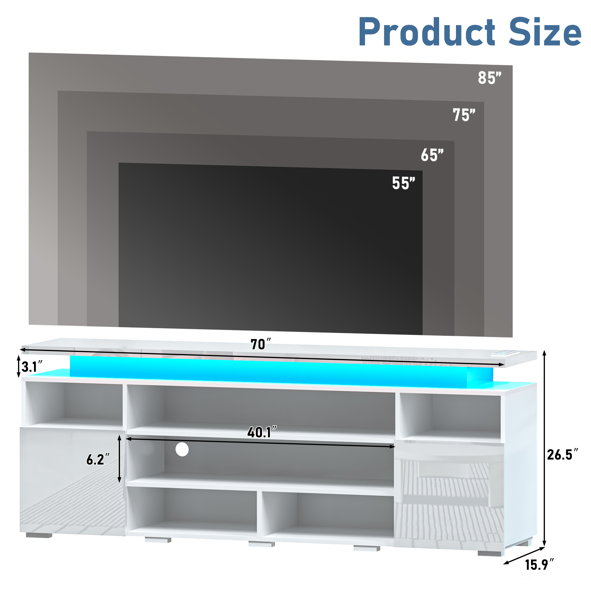 LED TV Stand for TVs up to 80",Entertainment Center with Power Outlet,Modern Floating Gaming Media Console with Open Shelves and 2 Storage Cabinets,Black
