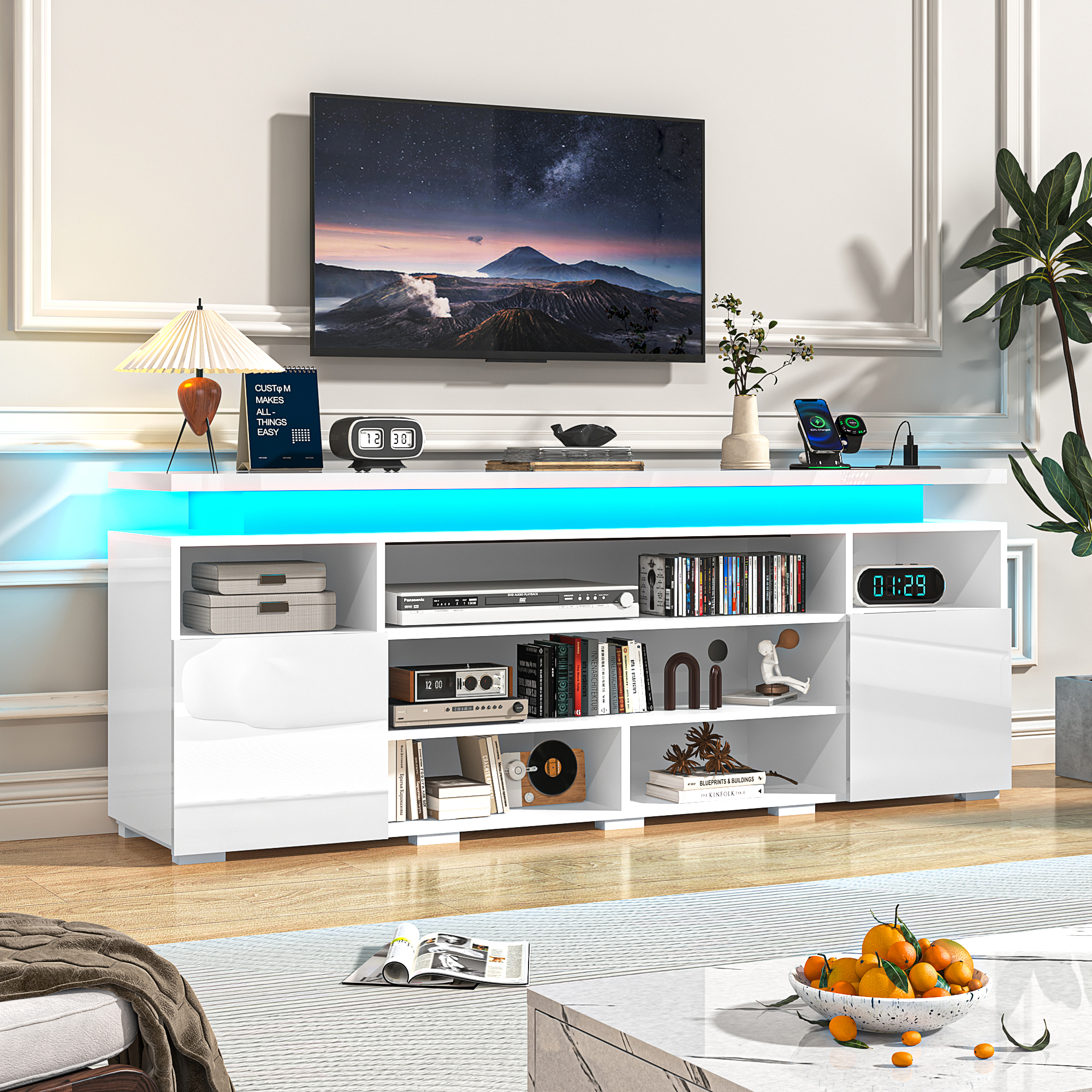 LED TV Stand for TVs up to 80",Entertainment Center with Power Outlet,Modern Floating Gaming Media Console with Open Shelves and 2 Storage Cabinets,Black