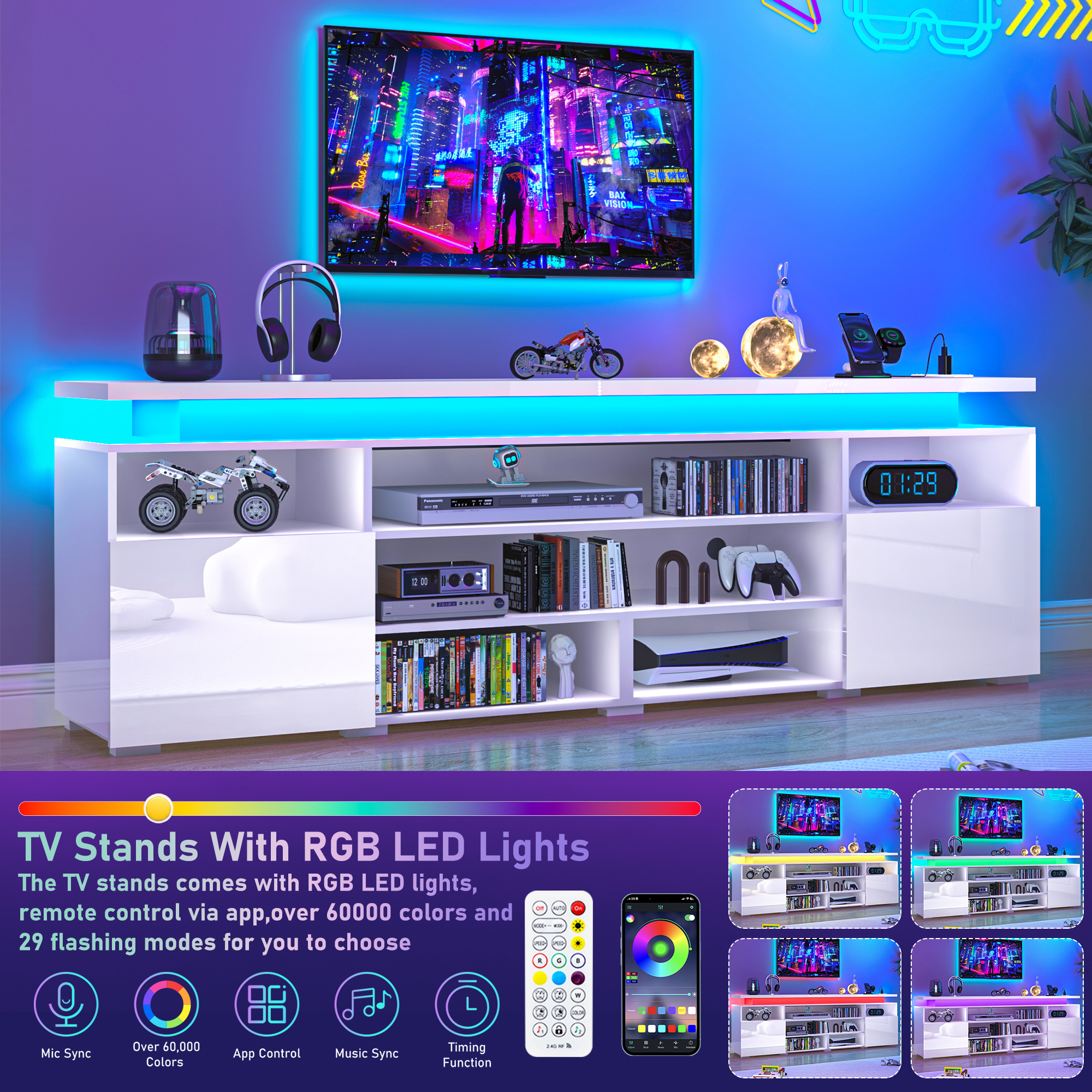 LED TV Stand for TVs up to 80",Entertainment Center with Power Outlet,Modern Floating Gaming Media Console with Open Shelves and 2 Storage Cabinets,Black