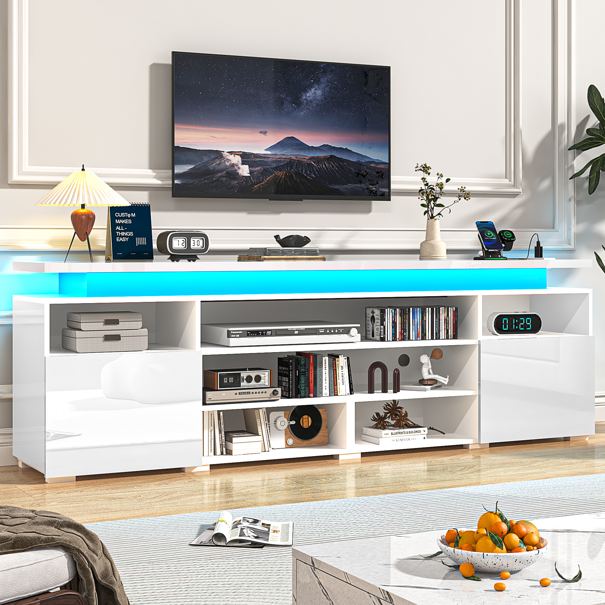 LED TV Stand for TVs up to 80",Entertainment Center with Power Outlet,Modern Floating Gaming Media Console with Open Shelves and 2 Storage Cabinets,Black