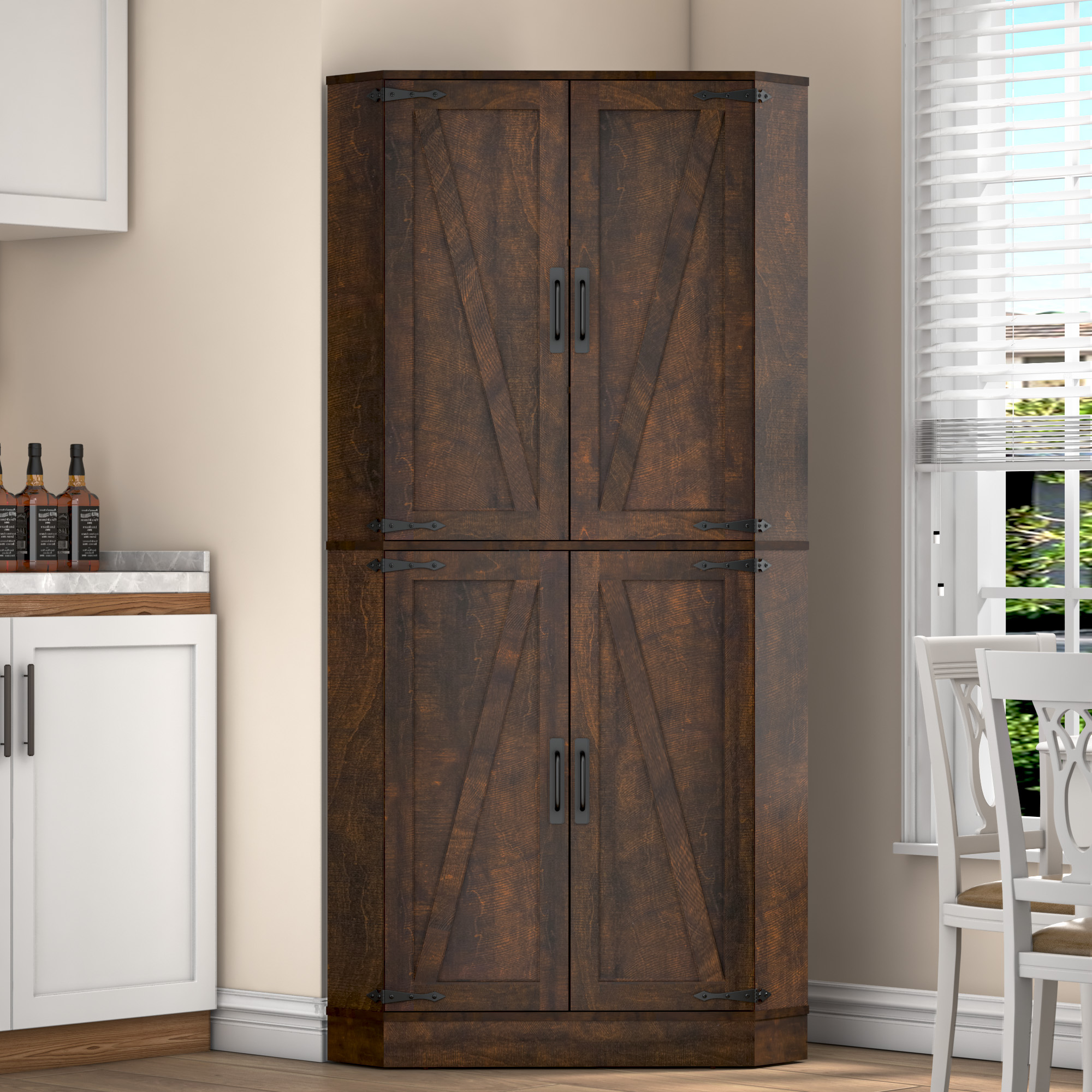 68" Tall Corner Storage Cabinet with 6 Side Door Shelves and Adjustable Shelves, 5 Tier Farmhouse Pantry Cabinet for Bathroom, Living Room, Kitchen