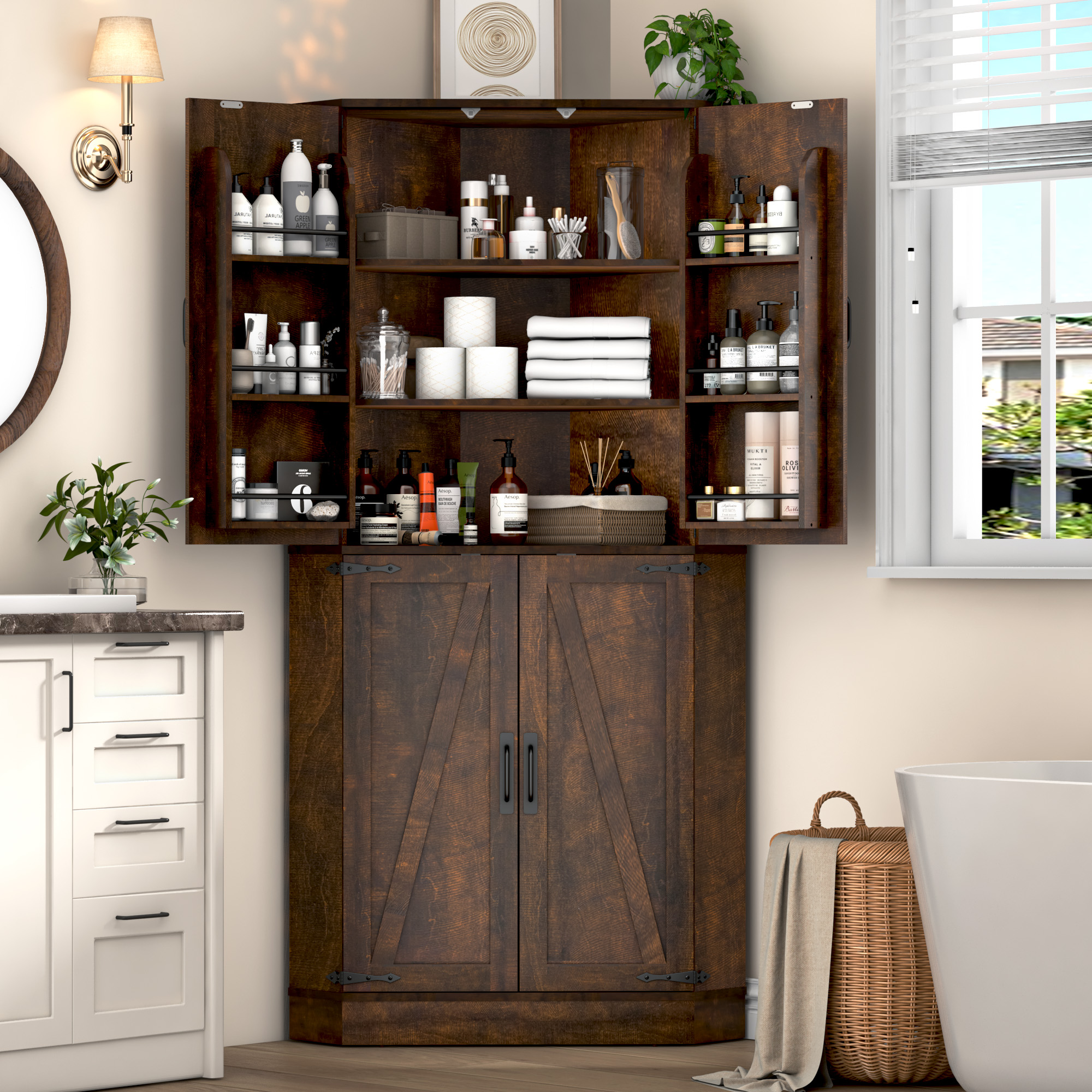 68" Tall Corner Storage Cabinet with 6 Side Door Shelves and Adjustable Shelves, 5 Tier Farmhouse Pantry Cabinet for Bathroom, Living Room, Kitchen