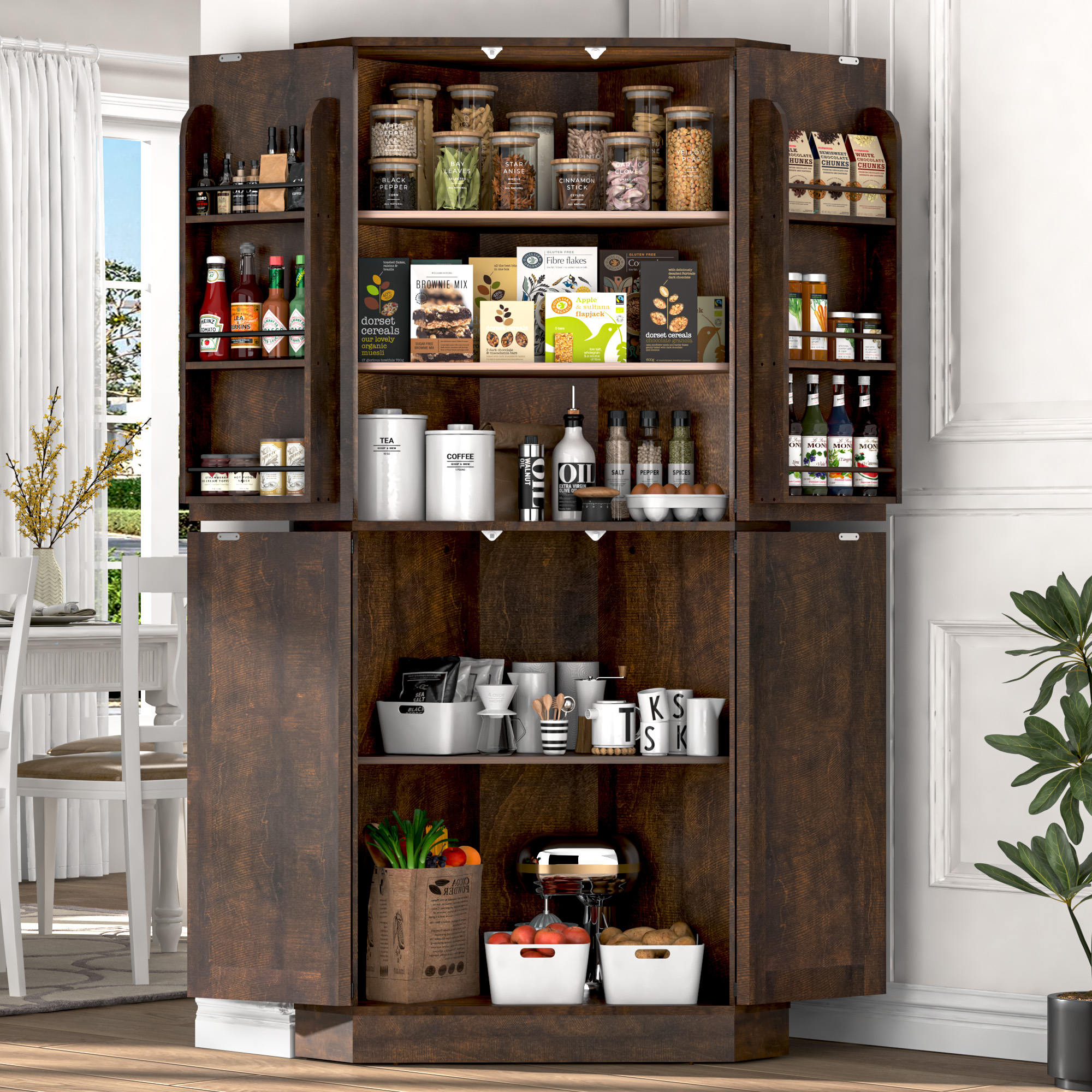 68" Tall Corner Storage Cabinet with 6 Side Door Shelves and Adjustable Shelves, 5 Tier Farmhouse Pantry Cabinet for Bathroom, Living Room, Kitchen