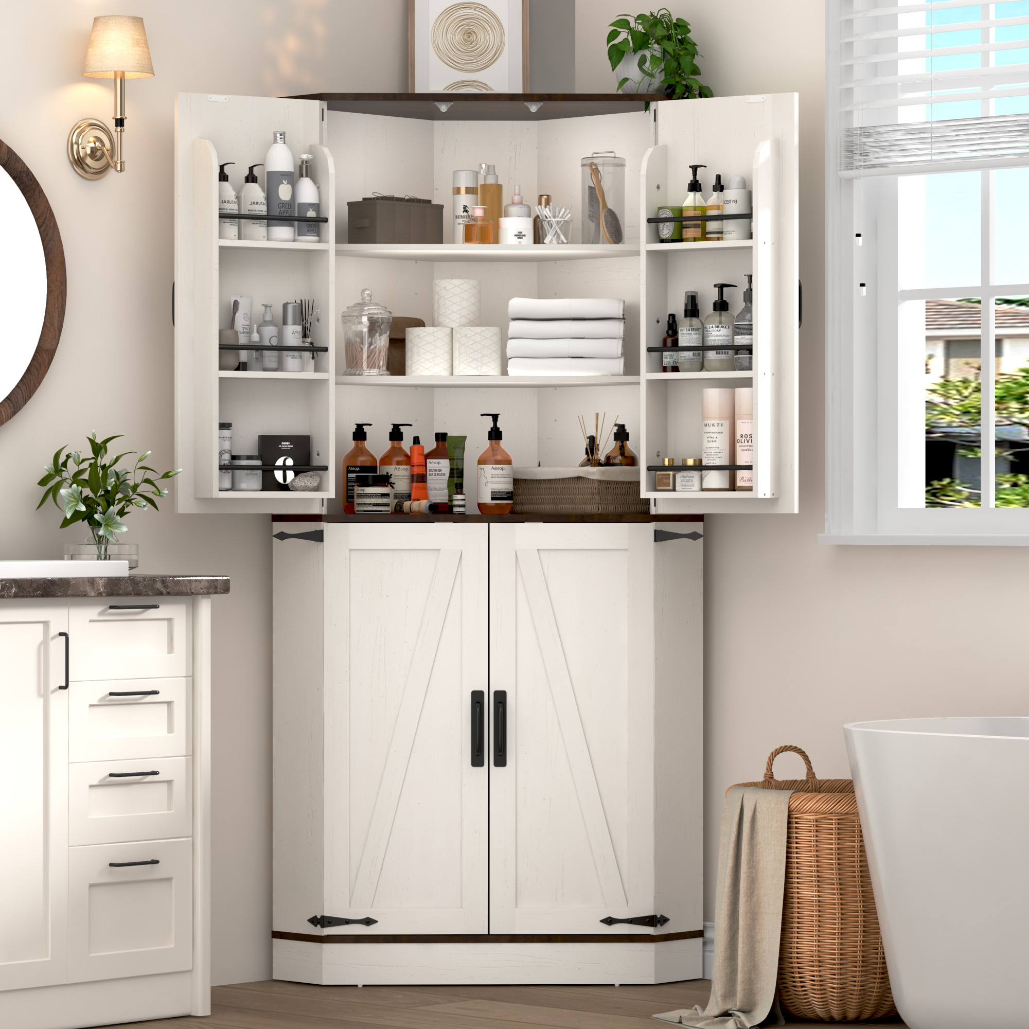 68" Tall Corner Storage Cabinet with 6 Side Door Shelves and Adjustable Shelves, 5 Tier Farmhouse Pantry Cabinet for Bathroom, Living Room, Kitchen