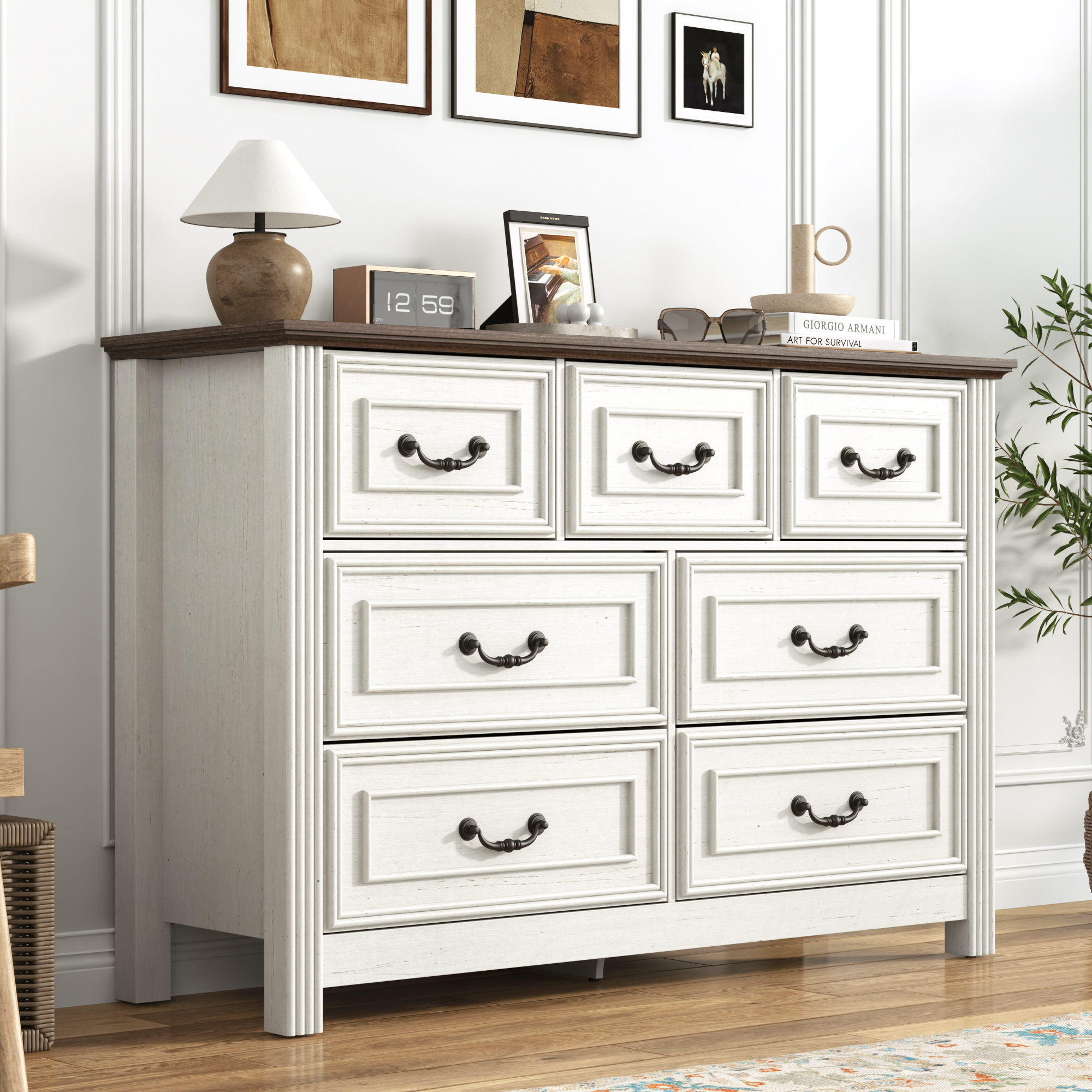 ChVans Farmhouse 7 Drawers Dresser for Bedroom, 47'' Wide Wood Rustic Chest of Drawers with Natural Texture, Vintage Design, Storage Dressers Organizer for Living Room, Hallway