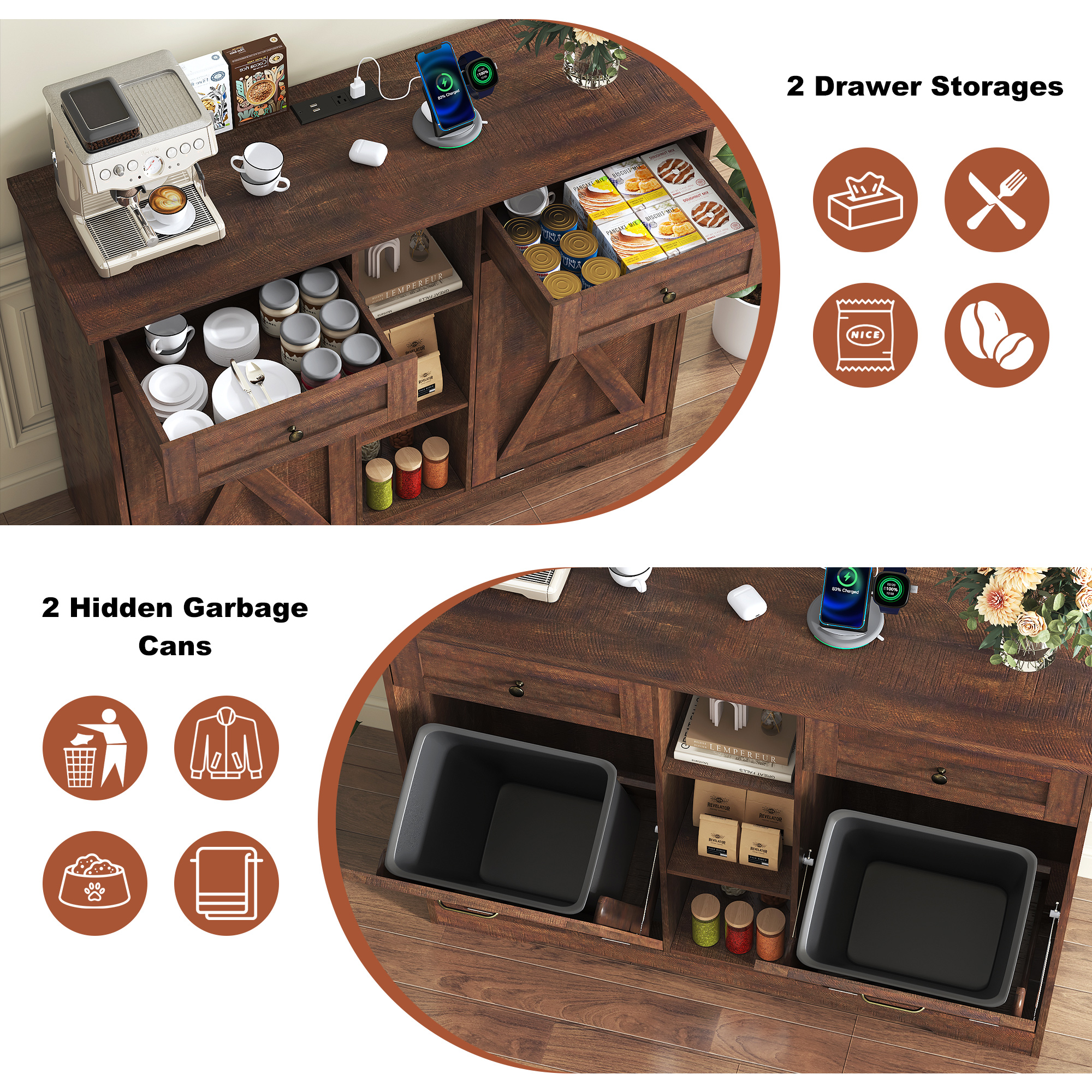 ANPOO Farmhouse Double Tilt-Out Trash Cabinet with Charging Station, 2×10 Gallon Hidden Storage, Drawers & Adjustable Shelves for Kitchen & Dining Room