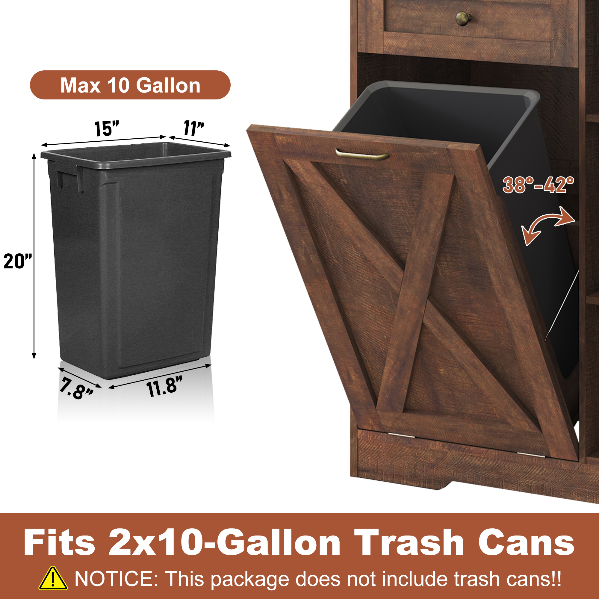 ANPOO Farmhouse Double Tilt-Out Trash Cabinet with Charging Station, 2×10 Gallon Hidden Storage, Drawers & Adjustable Shelves for Kitchen & Dining Room