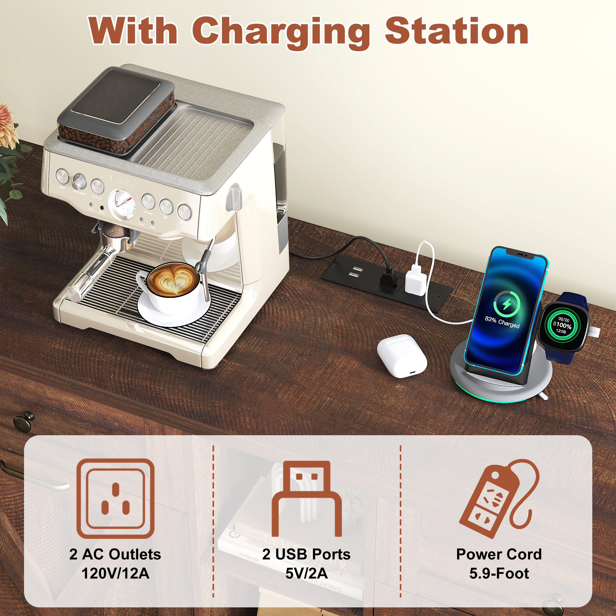 ANPOO Farmhouse Double Tilt-Out Trash Cabinet with Charging Station, 2×10 Gallon Hidden Storage, Drawers & Adjustable Shelves for Kitchen & Dining Room