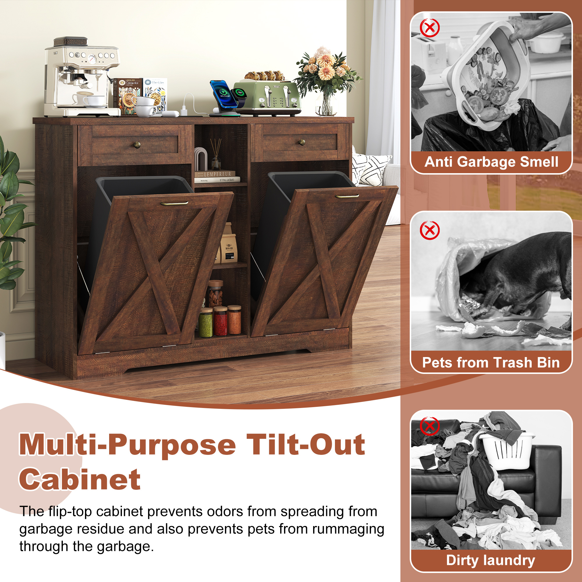 ANPOO Farmhouse Double Tilt-Out Trash Cabinet with Charging Station, 2×10 Gallon Hidden Storage, Drawers & Adjustable Shelves for Kitchen & Dining Room