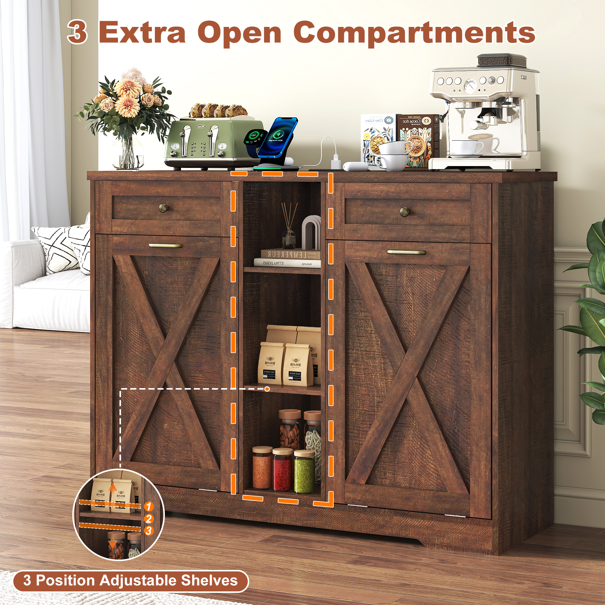 ANPOO Farmhouse Double Tilt-Out Trash Cabinet with Charging Station, 2×10 Gallon Hidden Storage, Drawers & Adjustable Shelves for Kitchen & Dining Room