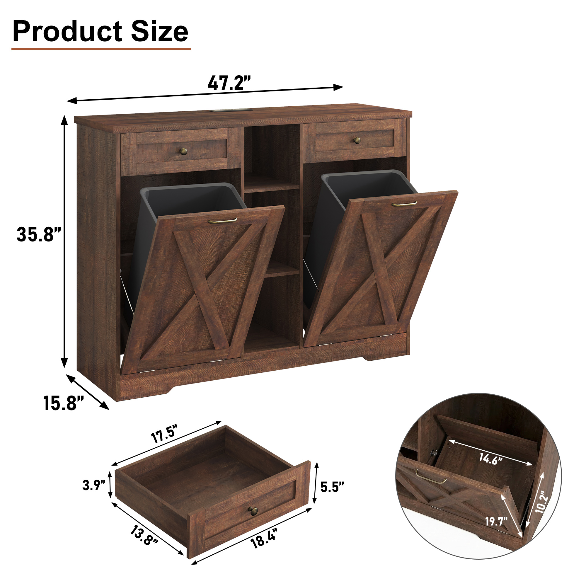 ANPOO Farmhouse Double Tilt-Out Trash Cabinet with Charging Station, 2×10 Gallon Hidden Storage, Drawers & Adjustable Shelves for Kitchen & Dining Room