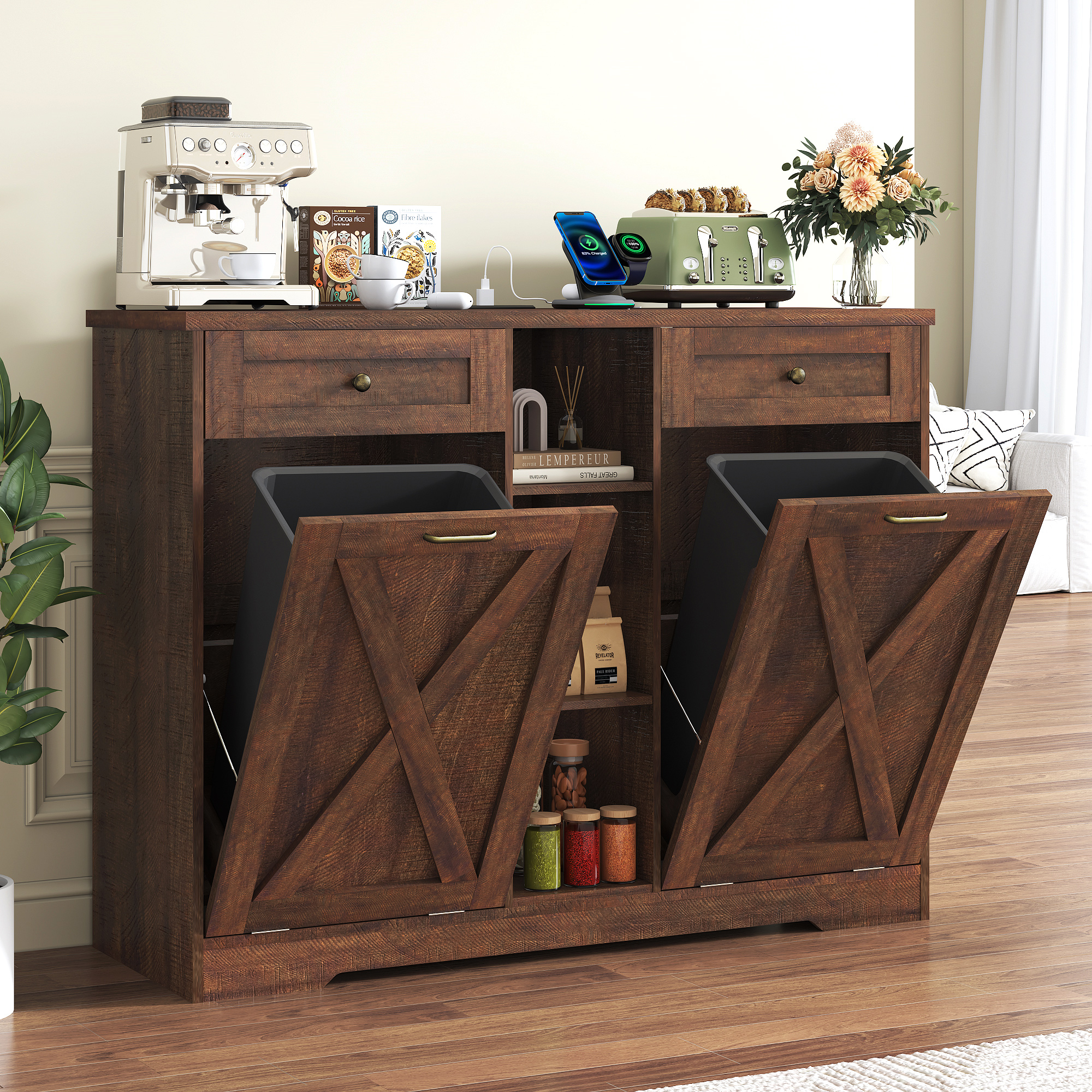 ANPOO Farmhouse Double Tilt-Out Trash Cabinet with Charging Station, 2×10 Gallon Hidden Storage, Drawers & Adjustable Shelves for Kitchen & Dining Room
