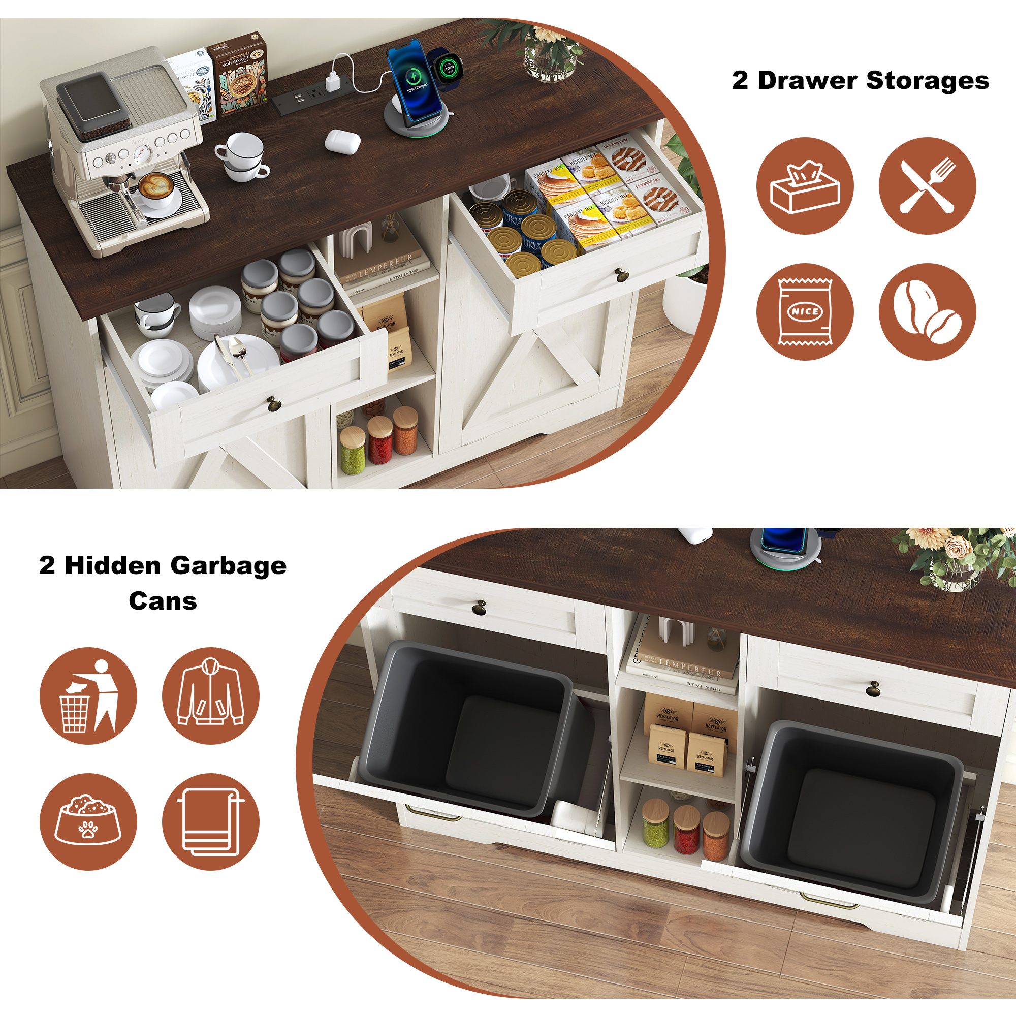 ANPOO Farmhouse Double Tilt-Out Trash Cabinet with Charging Station, 2×10 Gallon Hidden Storage, Drawers & Adjustable Shelves for Kitchen & Dining Room