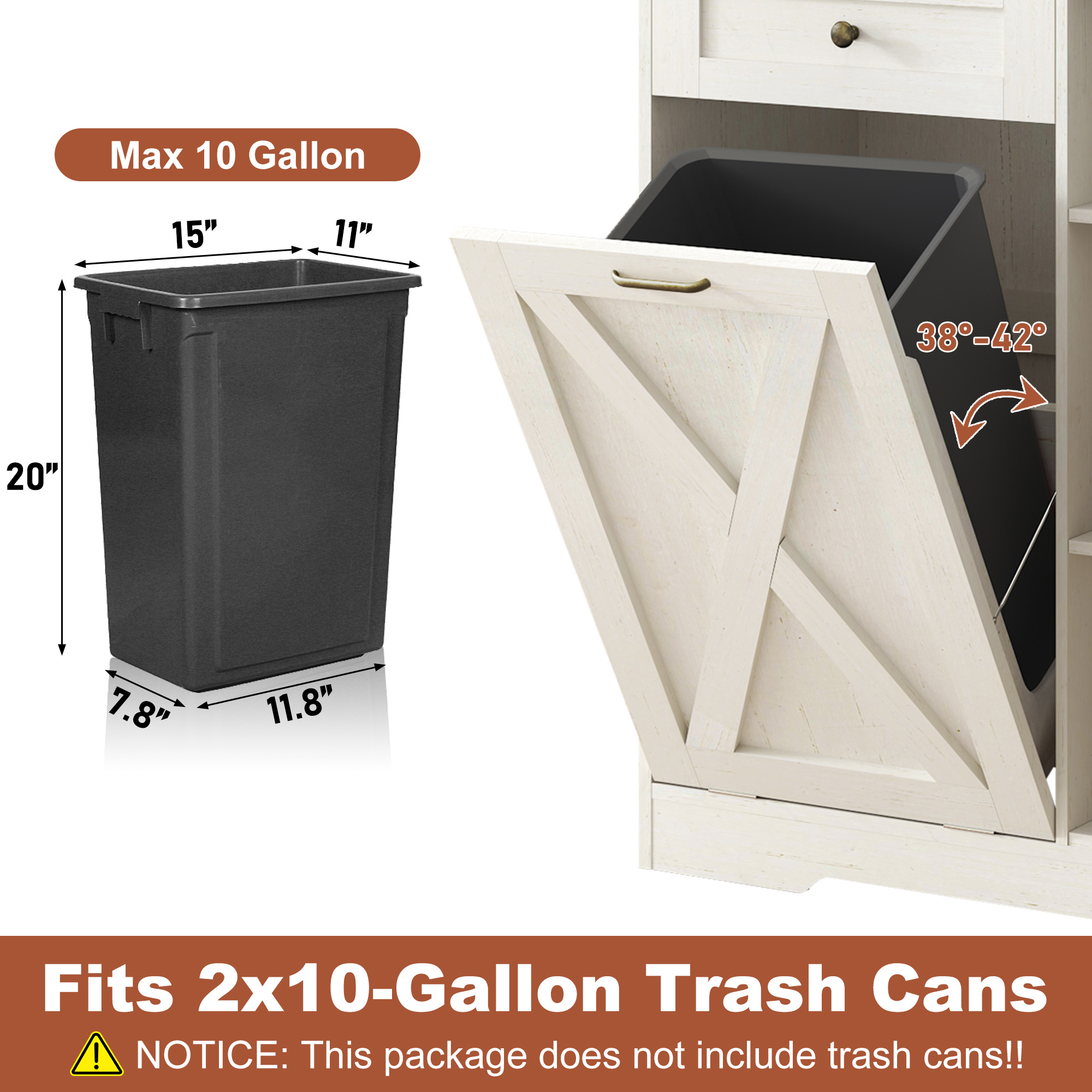 ANPOO Farmhouse Double Tilt-Out Trash Cabinet with Charging Station, 2×10 Gallon Hidden Storage, Drawers & Adjustable Shelves for Kitchen & Dining Room