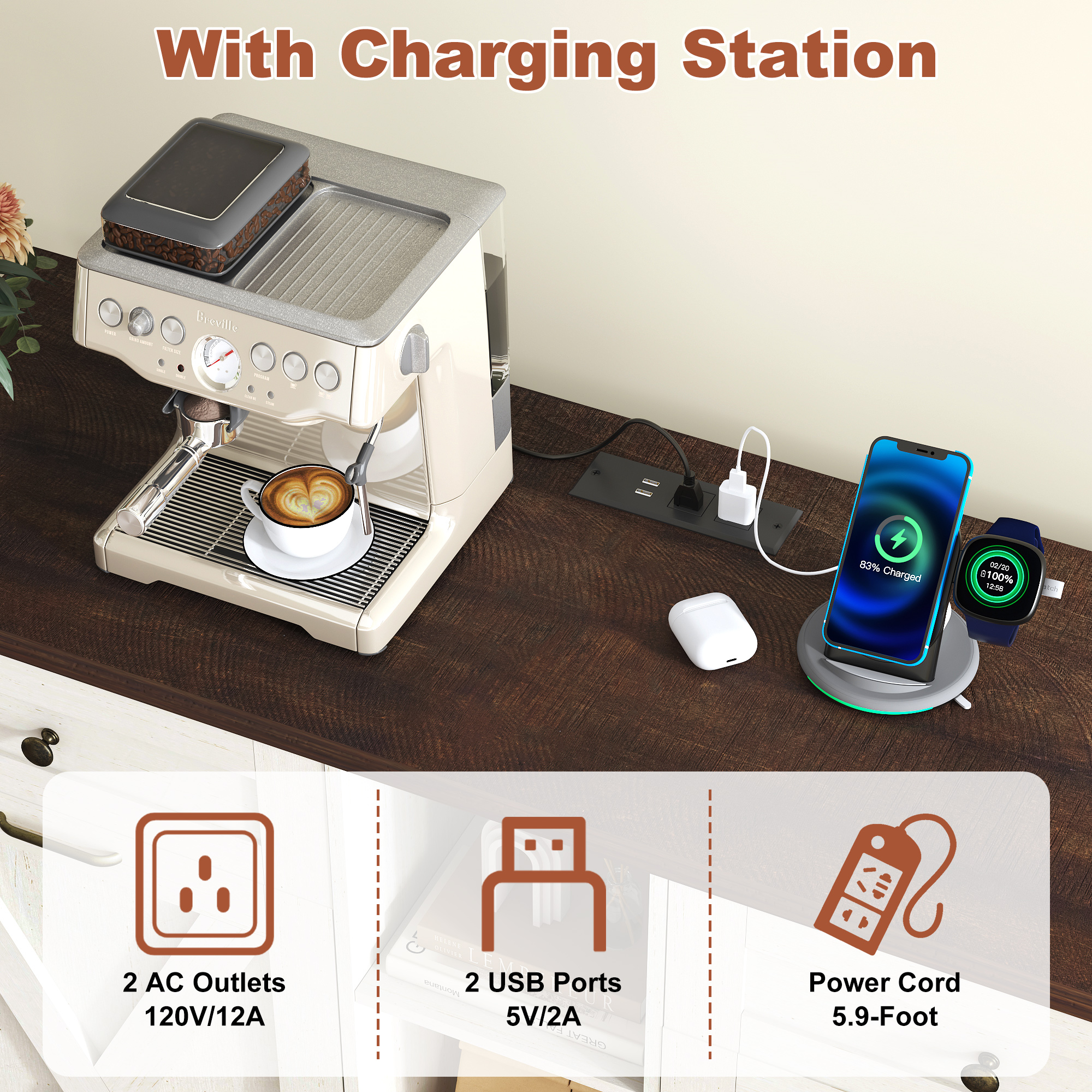 ANPOO Farmhouse Double Tilt-Out Trash Cabinet with Charging Station, 2×10 Gallon Hidden Storage, Drawers & Adjustable Shelves for Kitchen & Dining Room