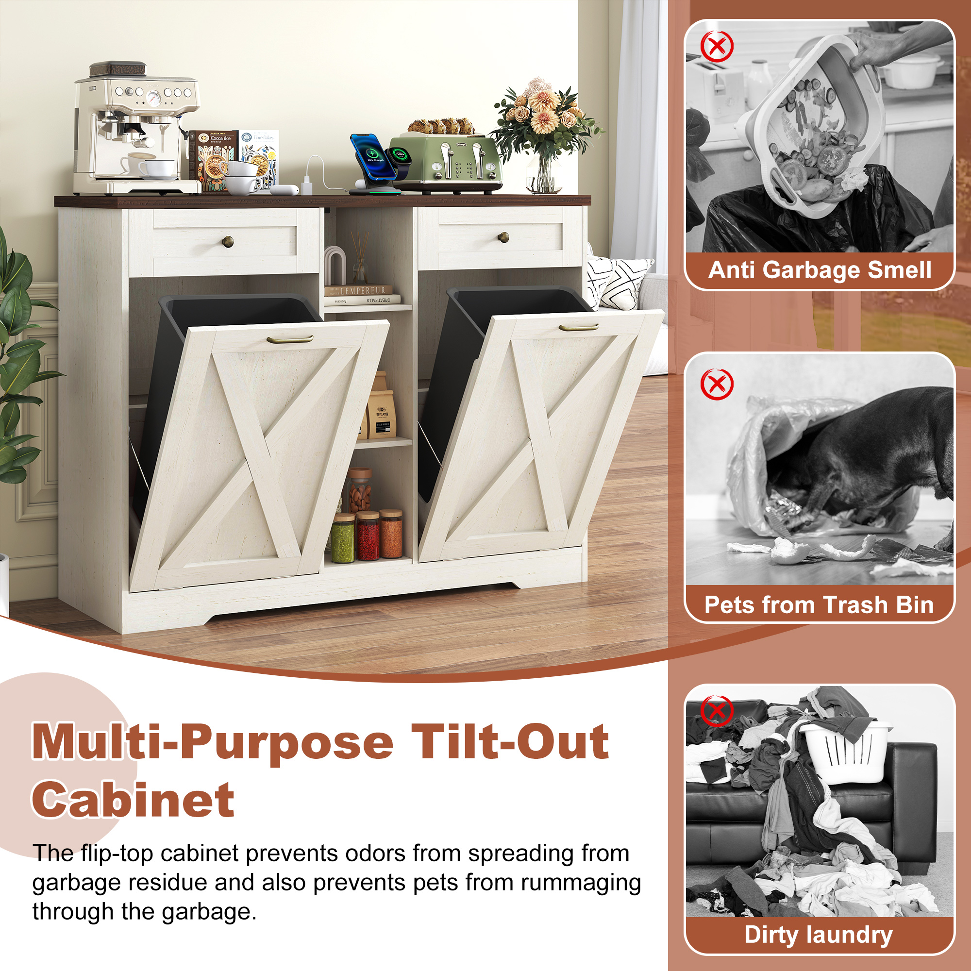 ANPOO Farmhouse Double Tilt-Out Trash Cabinet with Charging Station, 2×10 Gallon Hidden Storage, Drawers & Adjustable Shelves for Kitchen & Dining Room