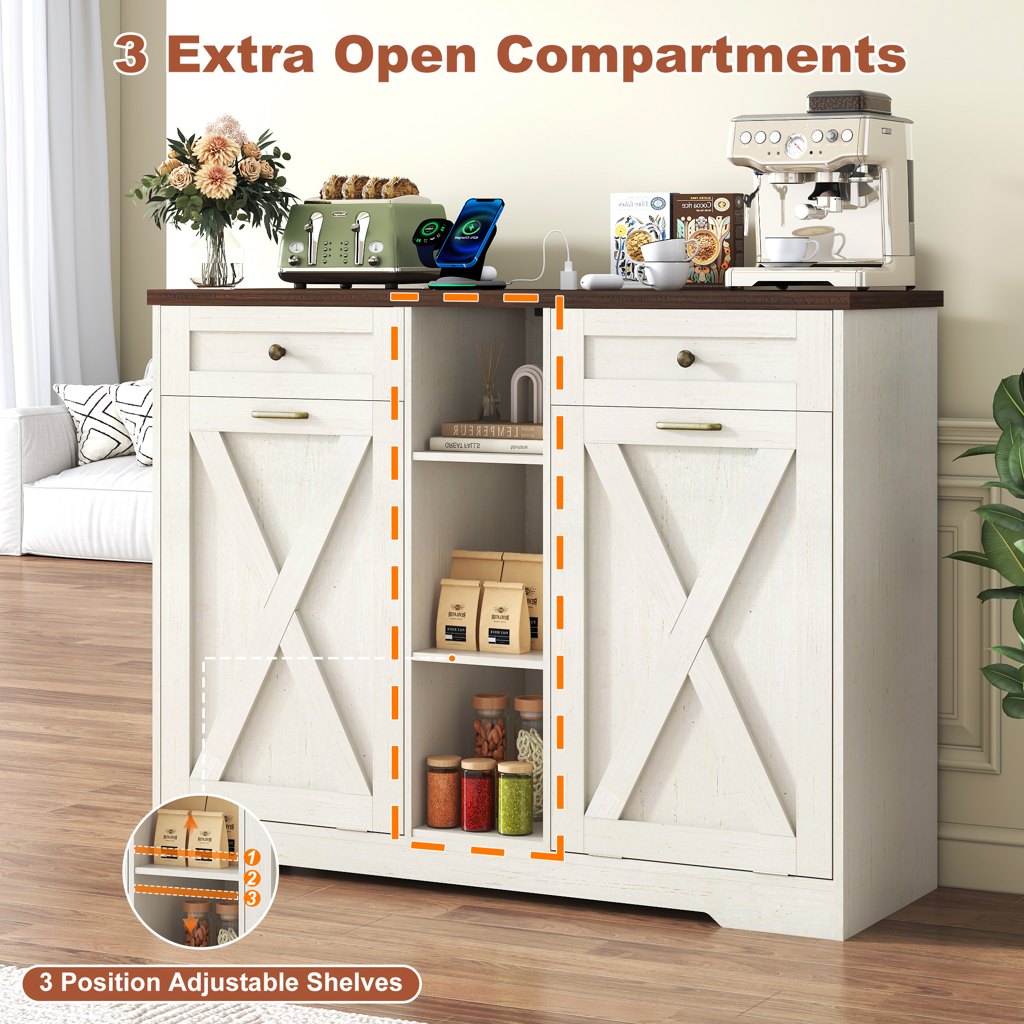 ANPOO Farmhouse Double Tilt-Out Trash Cabinet with Charging Station, 2×10 Gallon Hidden Storage, Drawers & Adjustable Shelves for Kitchen & Dining Room