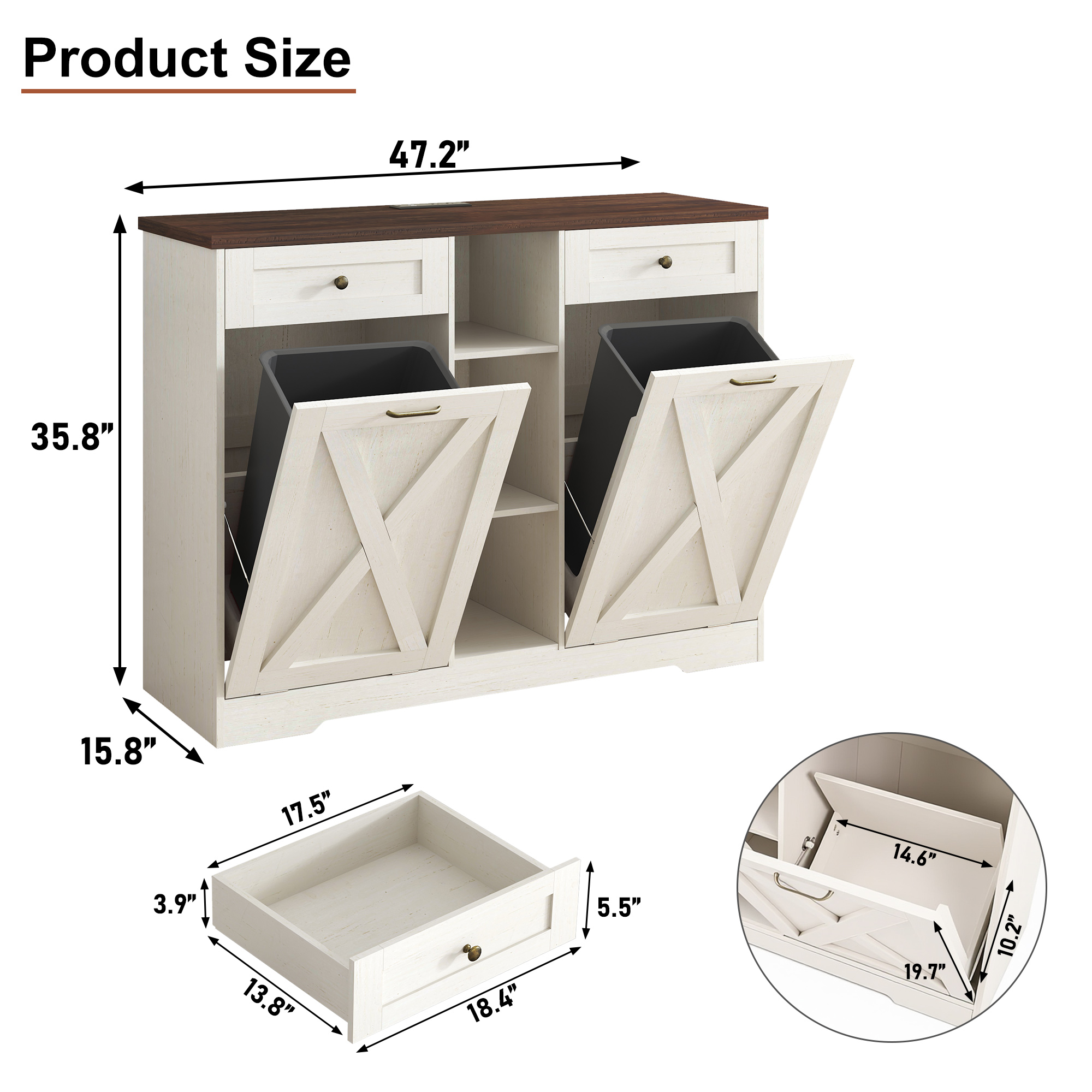 ANPOO Farmhouse Double Tilt-Out Trash Cabinet with Charging Station, 2×10 Gallon Hidden Storage, Drawers & Adjustable Shelves for Kitchen & Dining Room