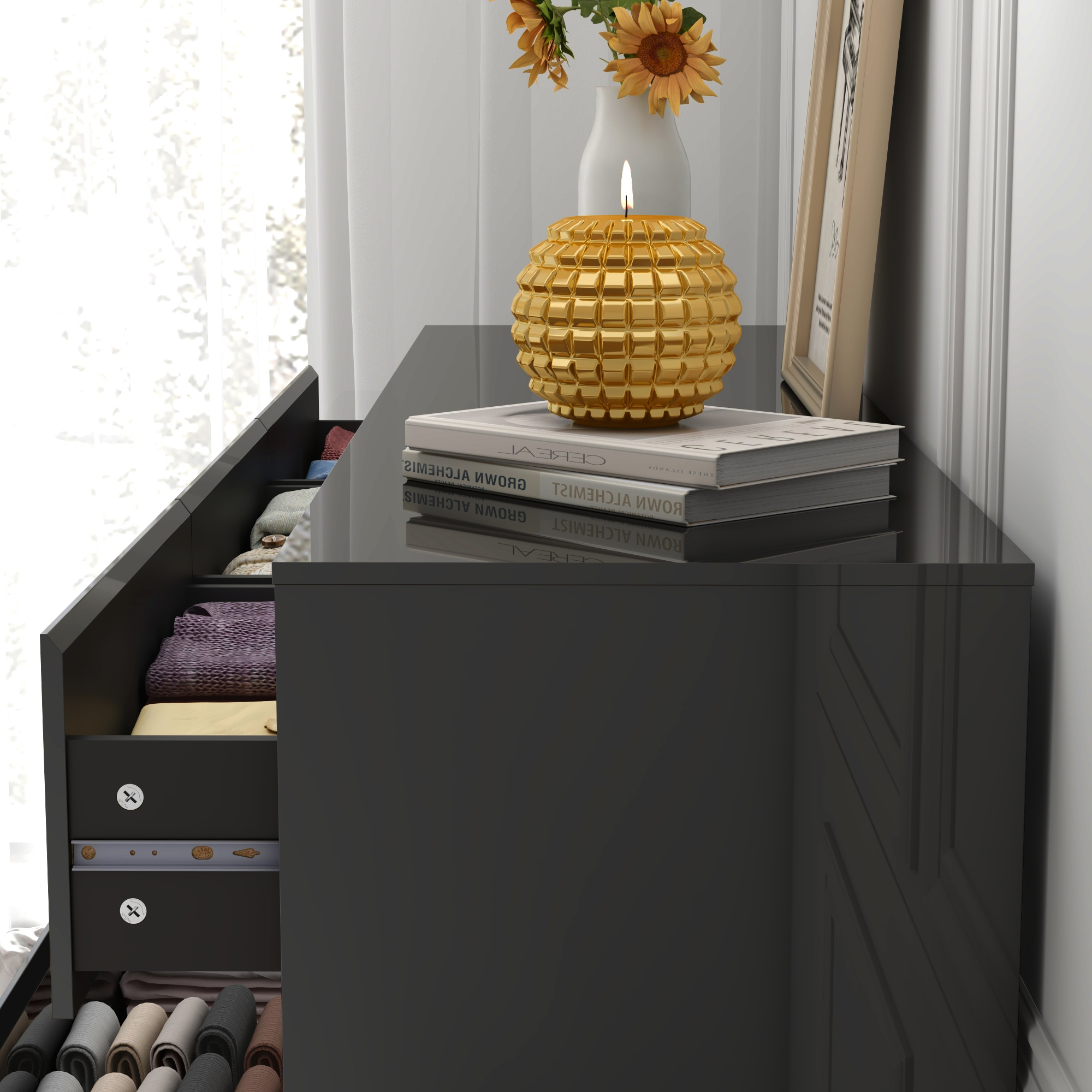 ChVans 7 Drawer Black Dresser for Bedroom, 55" Modern High Gloss Dresser with 7 Drawers, Large Wood Chest of Drawer Handle Free, Long Dresser for Kids Bedroom, Living Room, Entryway, Hallway