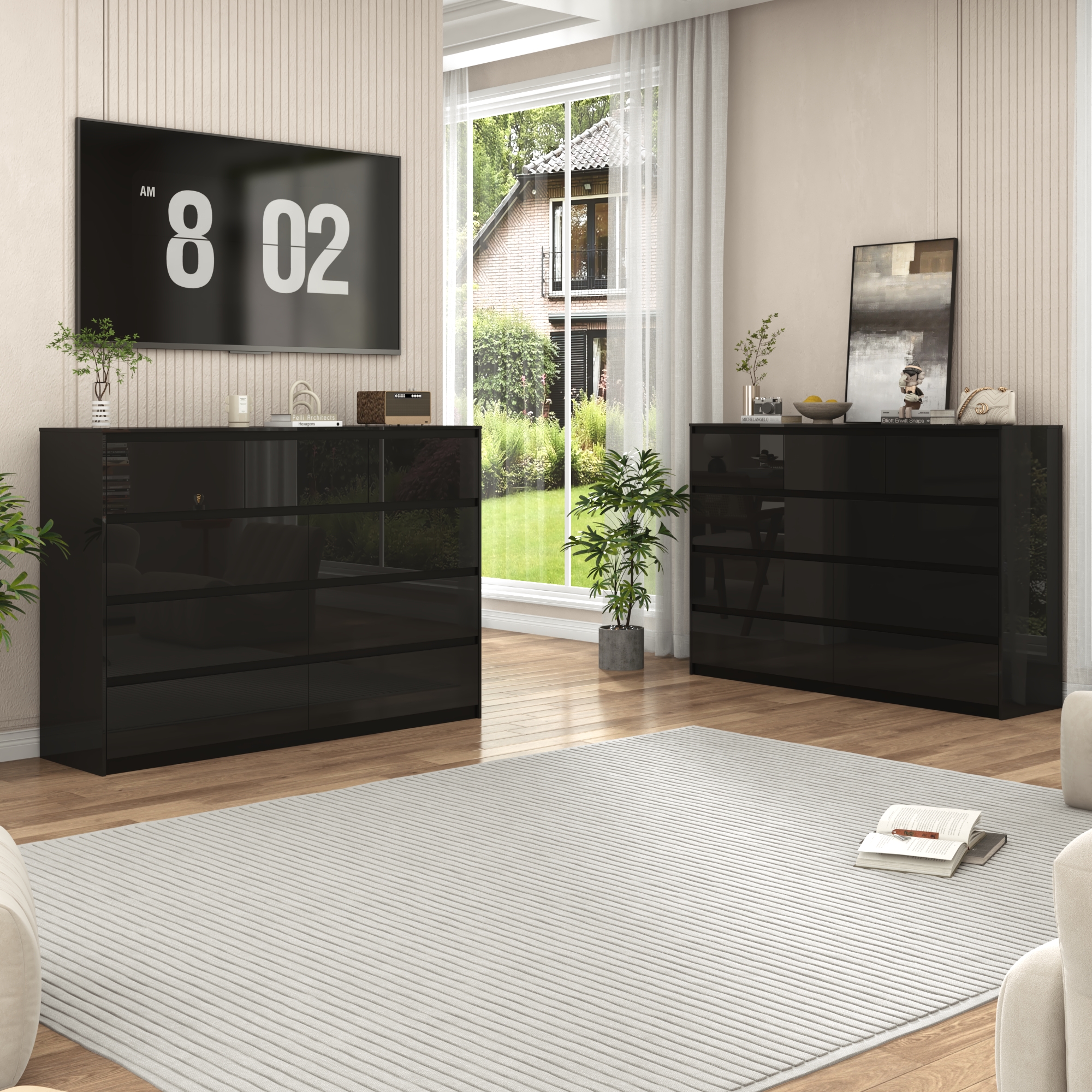 ChVans 7 Drawer Black Dresser for Bedroom, 55" Modern High Gloss Dresser with 7 Drawers, Large Wood Chest of Drawer Handle Free, Long Dresser for Kids Bedroom, Living Room, Entryway, Hallway