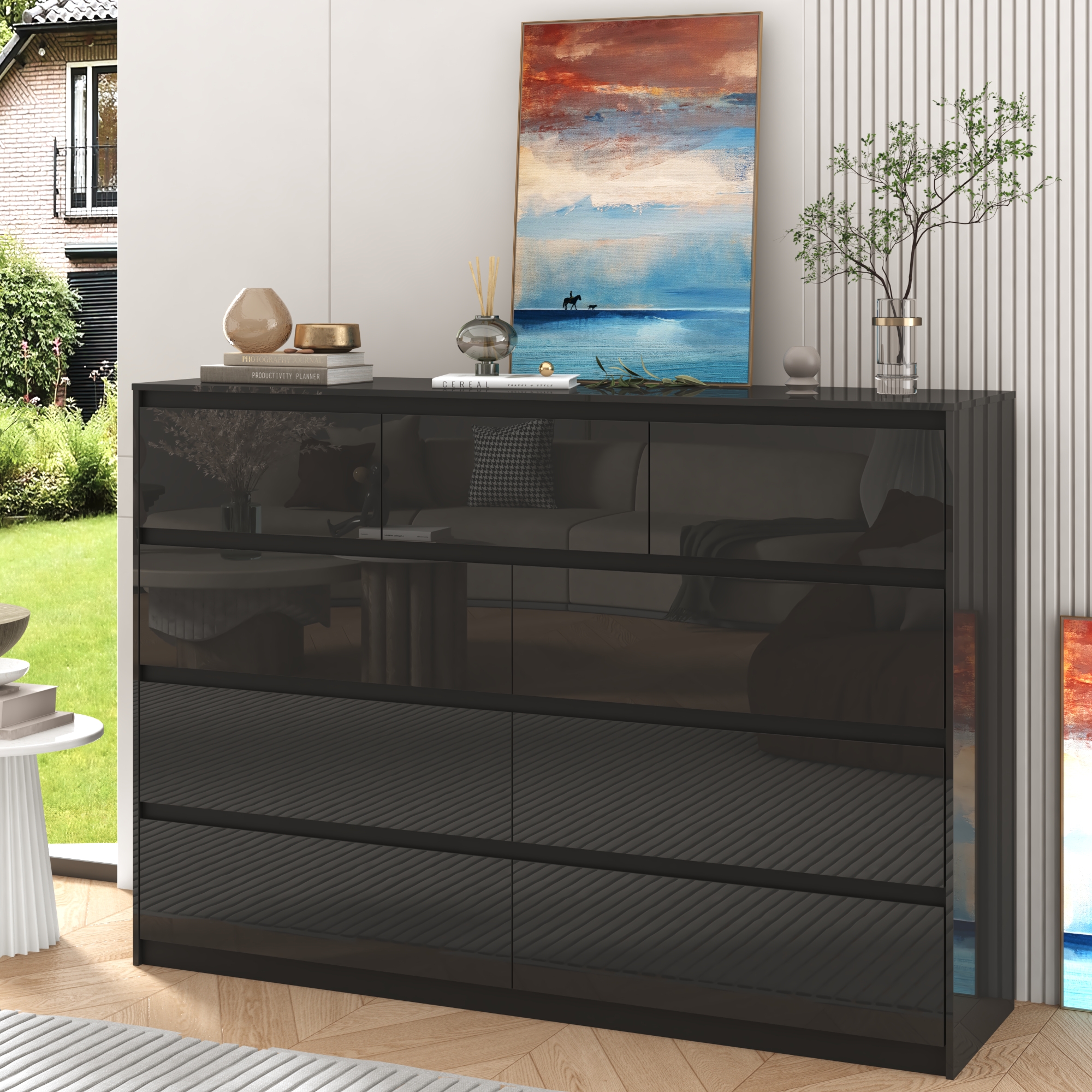 ChVans 7 Drawer Black Dresser for Bedroom, 55" Modern High Gloss Dresser with 7 Drawers, Large Wood Chest of Drawer Handle Free, Long Dresser for Kids Bedroom, Living Room, Entryway, Hallway