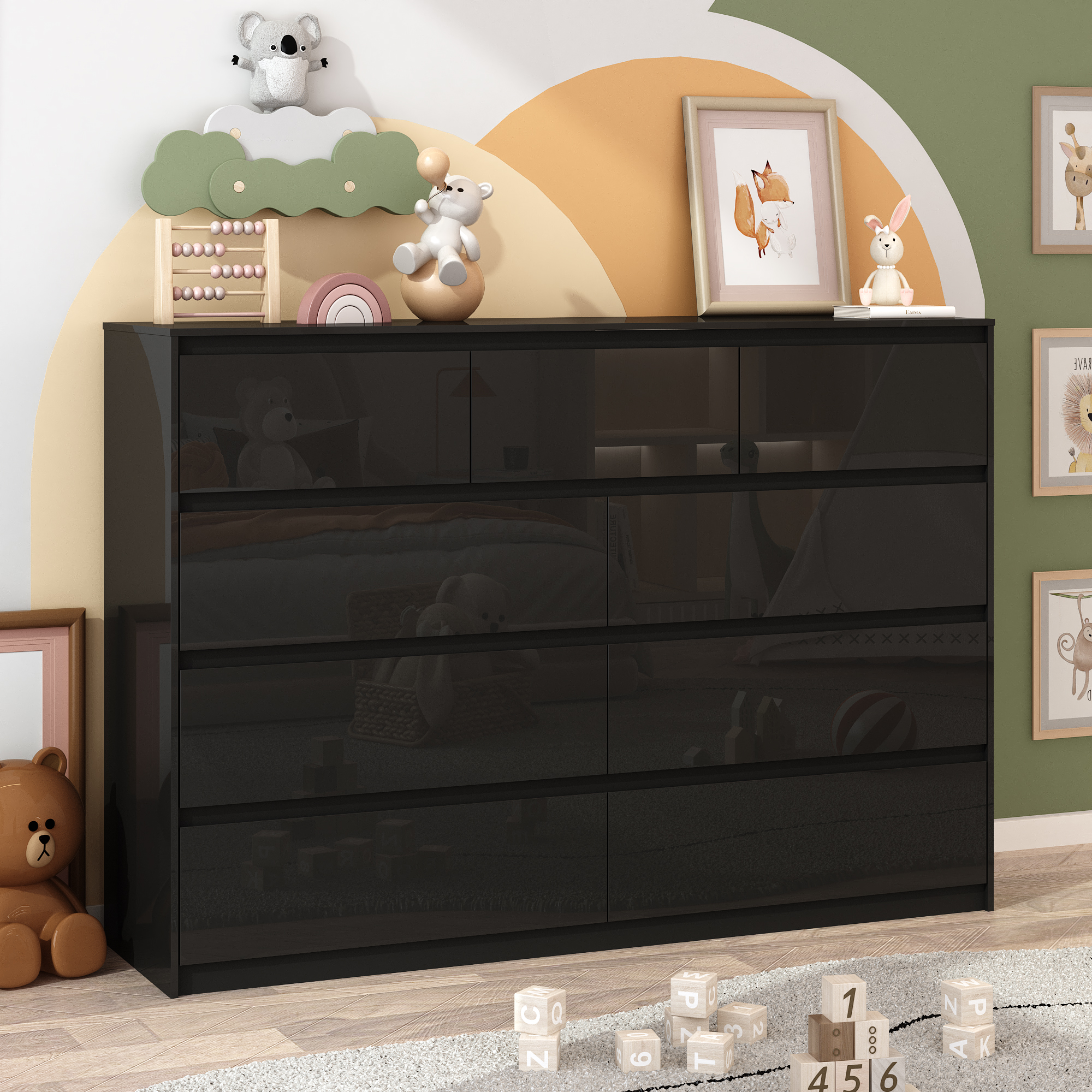 ChVans 7 Drawer Black Dresser for Bedroom, 55" Modern High Gloss Dresser with 7 Drawers, Large Wood Chest of Drawer Handle Free, Long Dresser for Kids Bedroom, Living Room, Entryway, Hallway