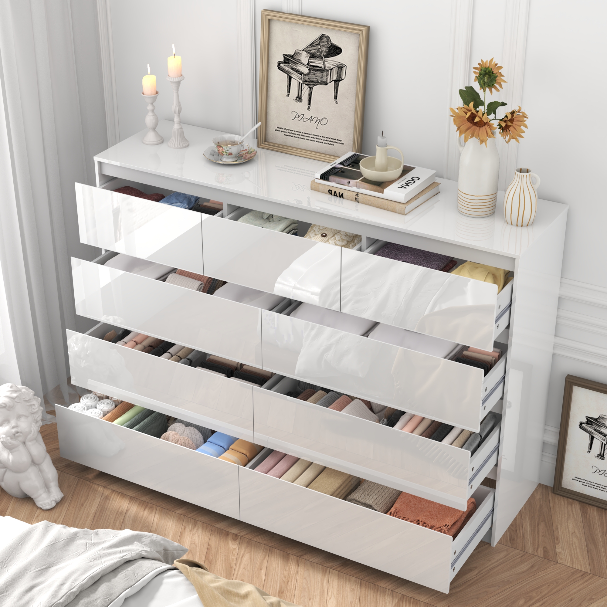ChVans 7 Drawer Black Dresser for Bedroom, 55" Modern High Gloss Dresser with 7 Drawers, Large Wood Chest of Drawer Handle Free, Long Dresser for Kids Bedroom, Living Room, Entryway, Hallway
