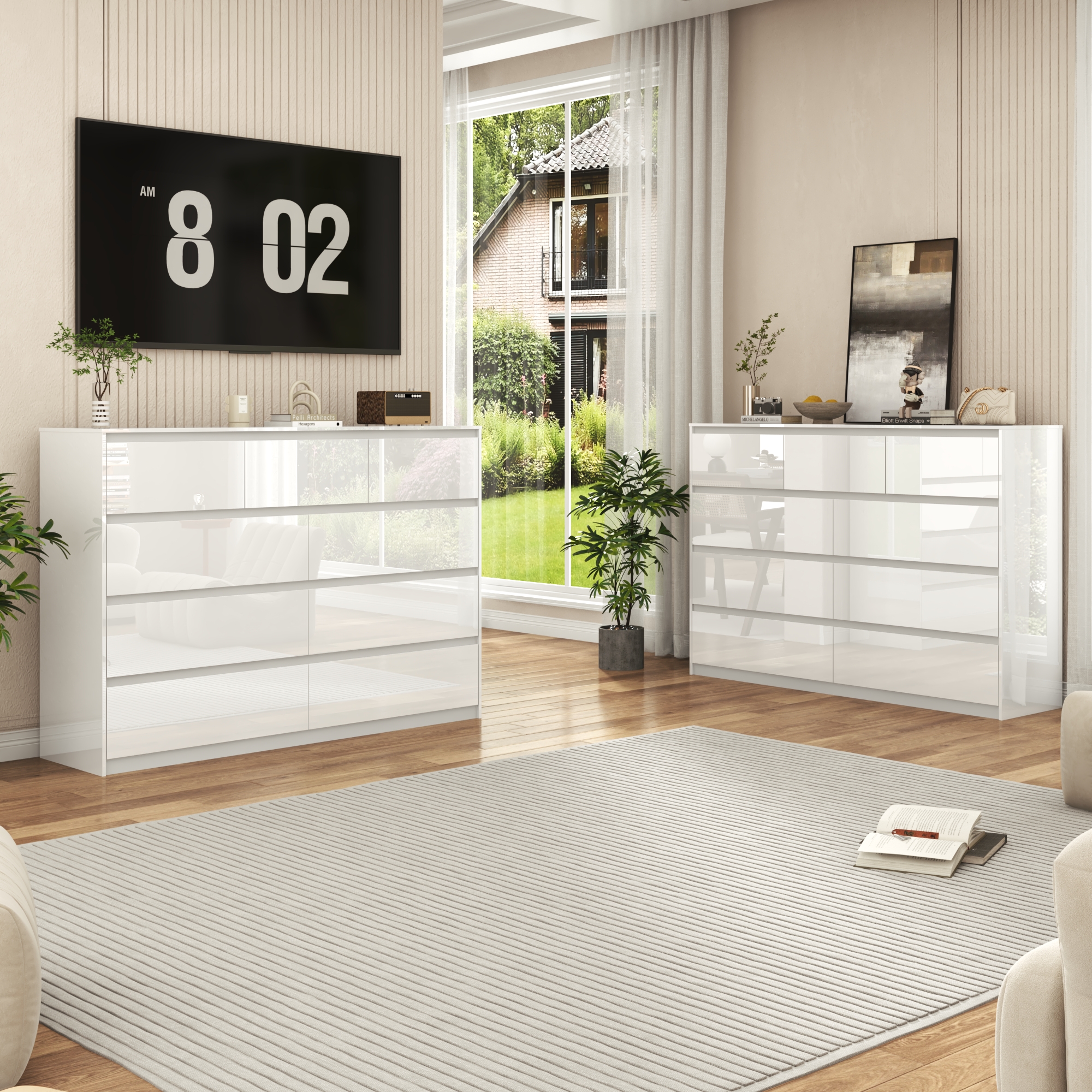 ChVans 7 Drawer Black Dresser for Bedroom, 55" Modern High Gloss Dresser with 7 Drawers, Large Wood Chest of Drawer Handle Free, Long Dresser for Kids Bedroom, Living Room, Entryway, Hallway