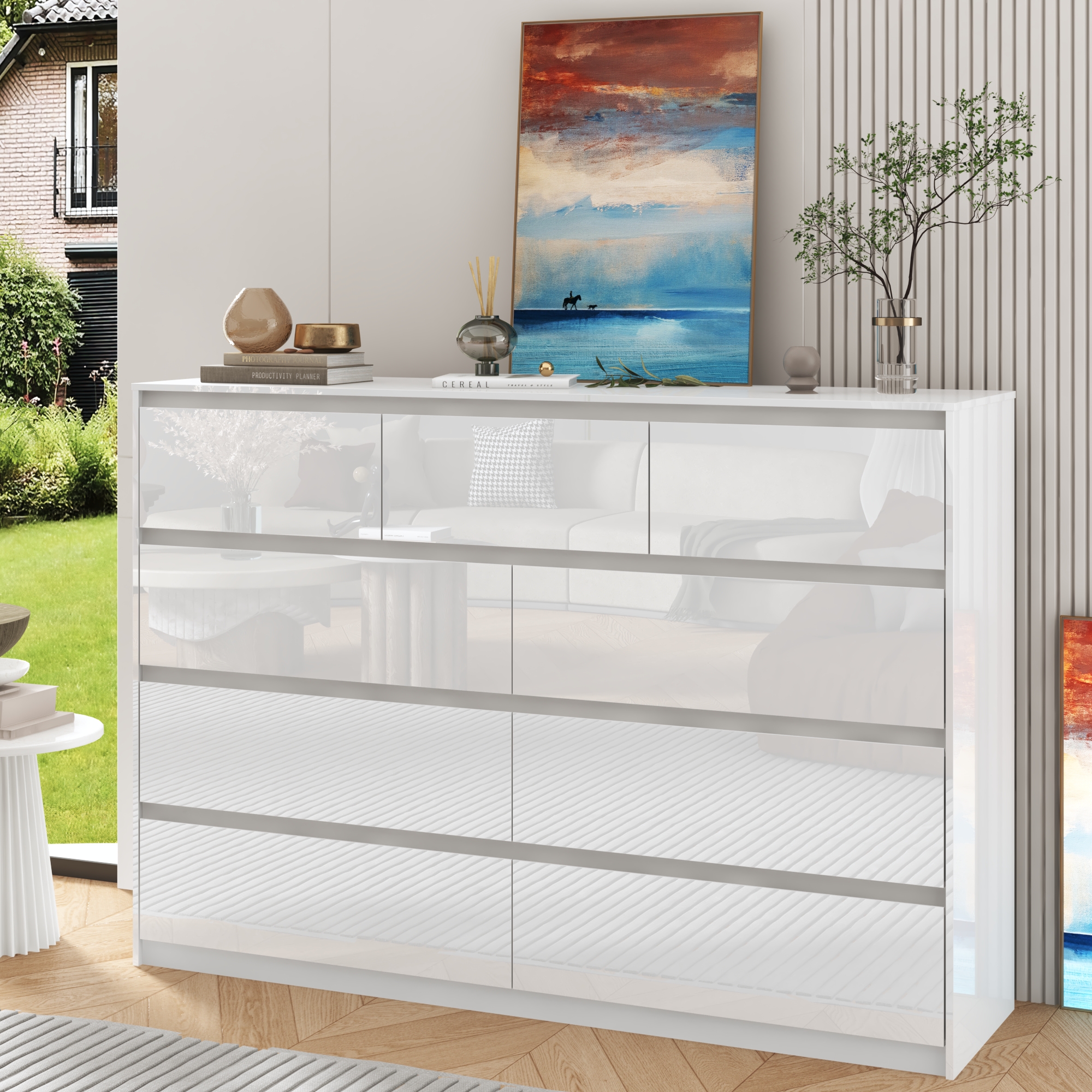 ChVans 7 Drawer Black Dresser for Bedroom, 55" Modern High Gloss Dresser with 7 Drawers, Large Wood Chest of Drawer Handle Free, Long Dresser for Kids Bedroom, Living Room, Entryway, Hallway