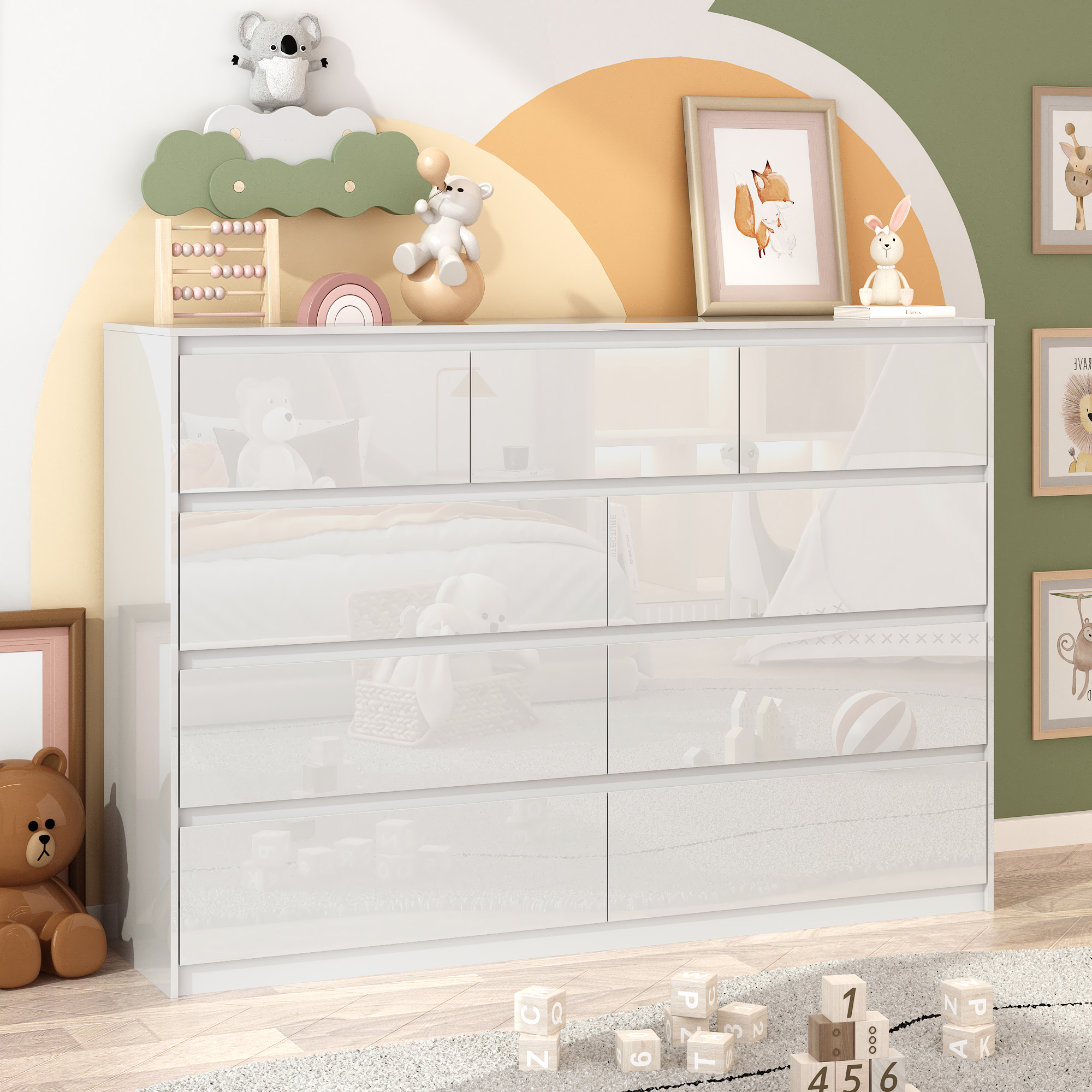 ChVans 7 Drawer Black Dresser for Bedroom, 55" Modern High Gloss Dresser with 7 Drawers, Large Wood Chest of Drawer Handle Free, Long Dresser for Kids Bedroom, Living Room, Entryway, Hallway