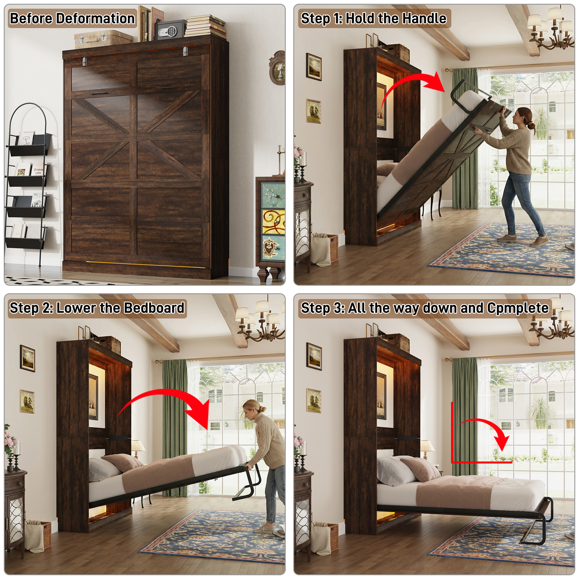 ChVans Queen Murphy Wall Bed with 2 LED Light, Power Outlet, 2 Storage Units, Farmhouse Wood Space-Saving Hidden Folding Bed Chest, Multifunctional Storage Cabinet Bed with Gas Struts for Bedroom