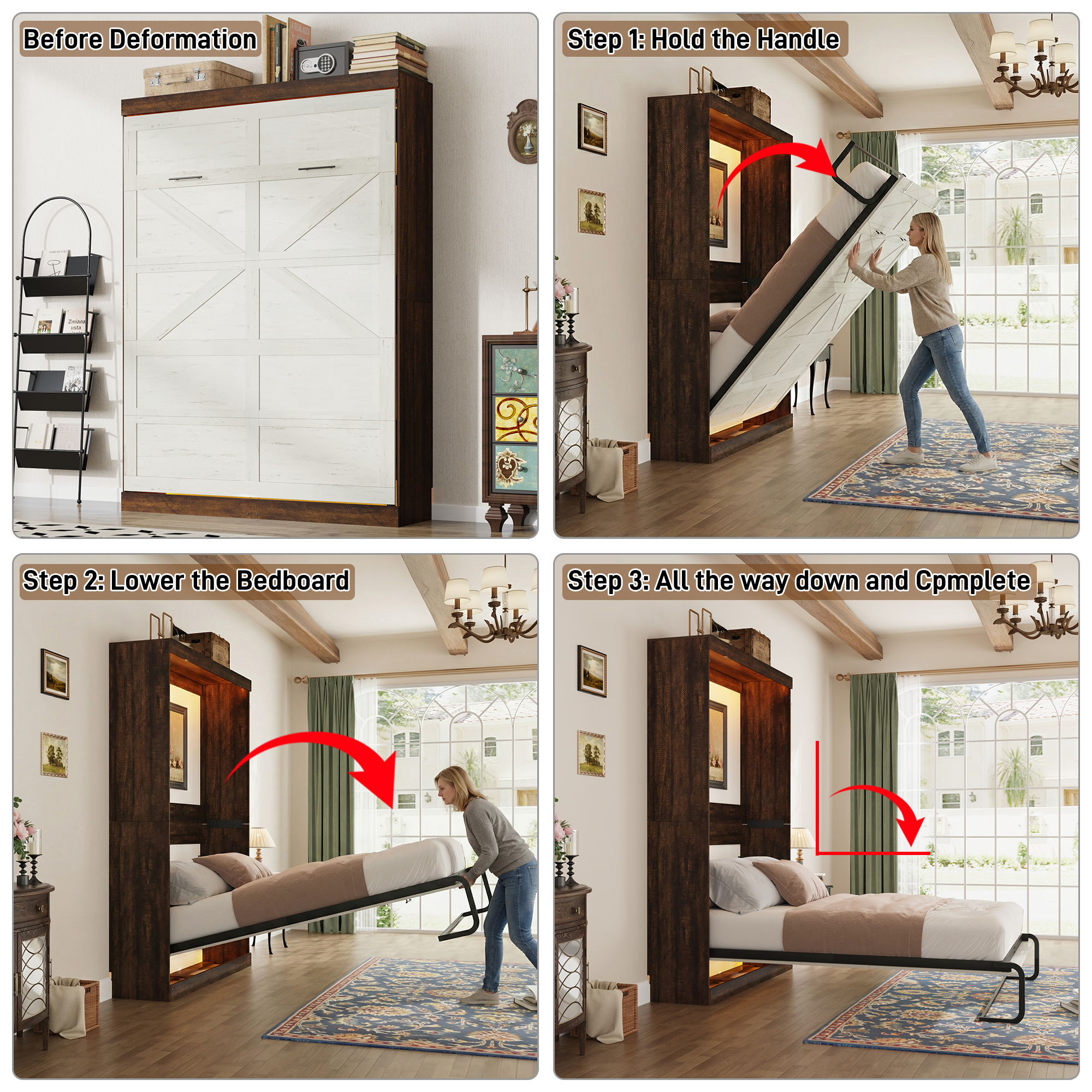 ChVans Queen Murphy Wall Bed with 2 LED Light, Power Outlet, 2 Storage Units, Farmhouse Wood Space-Saving Hidden Folding Bed Chest, Multifunctional Storage Cabinet Bed with Gas Struts for Bedroom