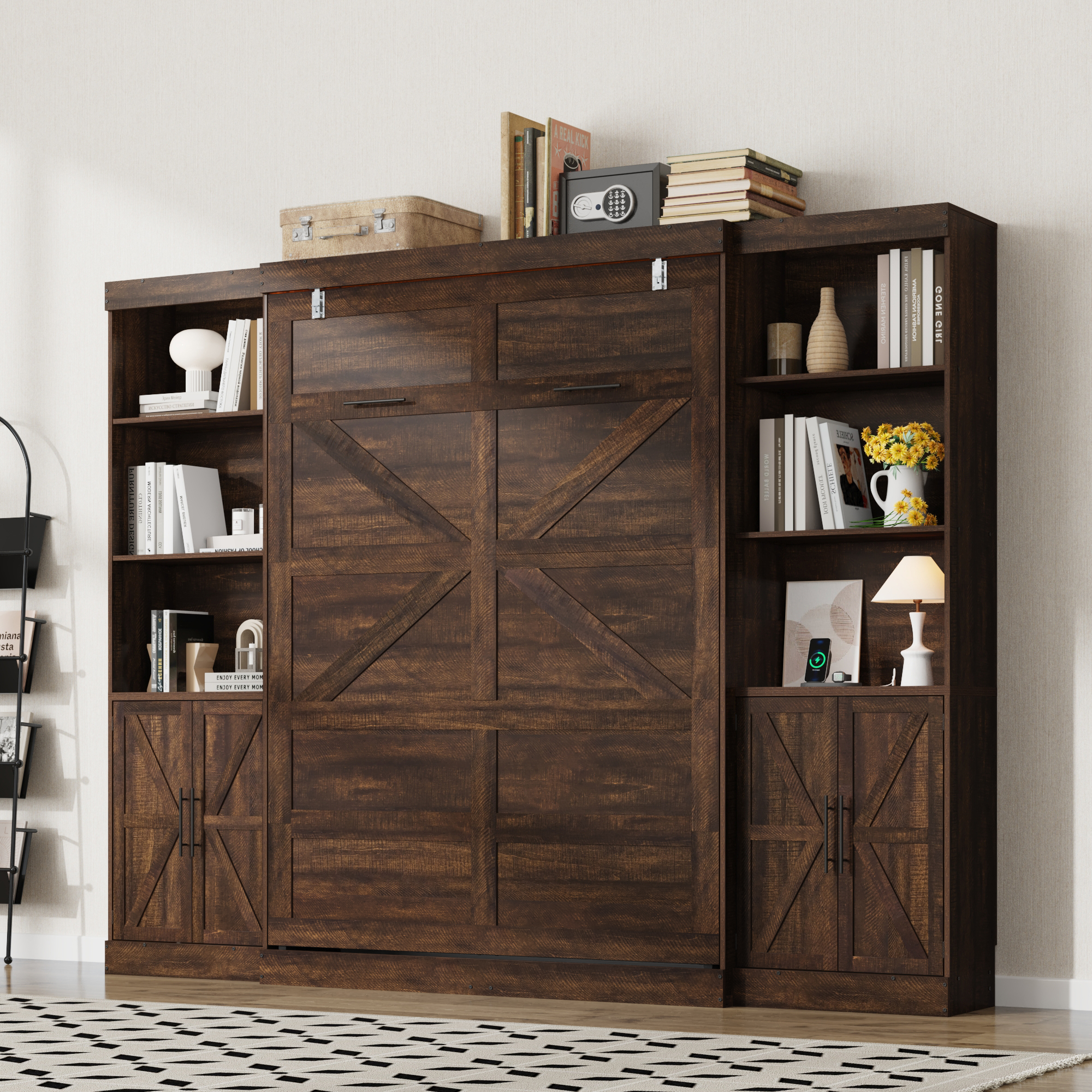 ChVans Full Murphy Wall Bed with 2 LED Lights, Power Outlet, 2 Storage Units, Farmhouse Wood Space-Saving Hidden Folding Bed Chest, Multifunctional Storage Cabinet Bed with Gas Struts for Bedroom