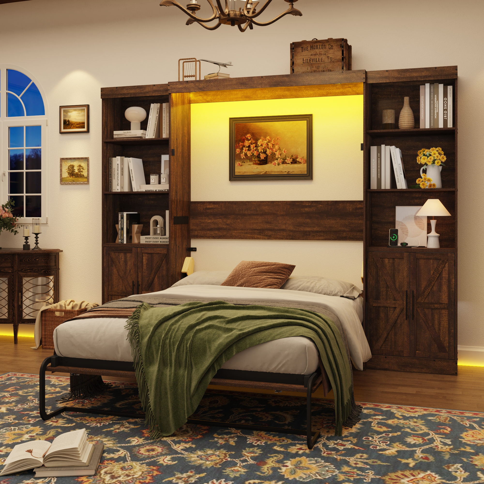 ANPOO Full Size Murphy Bed with 2 LED Lights, Power Outlet, 2 Storage Units, Farmhouse Wood Hidden Foldable Wall Bed Frame with Gas Struts, Storage Bed Cabinet for Bedroom, Space-Saving