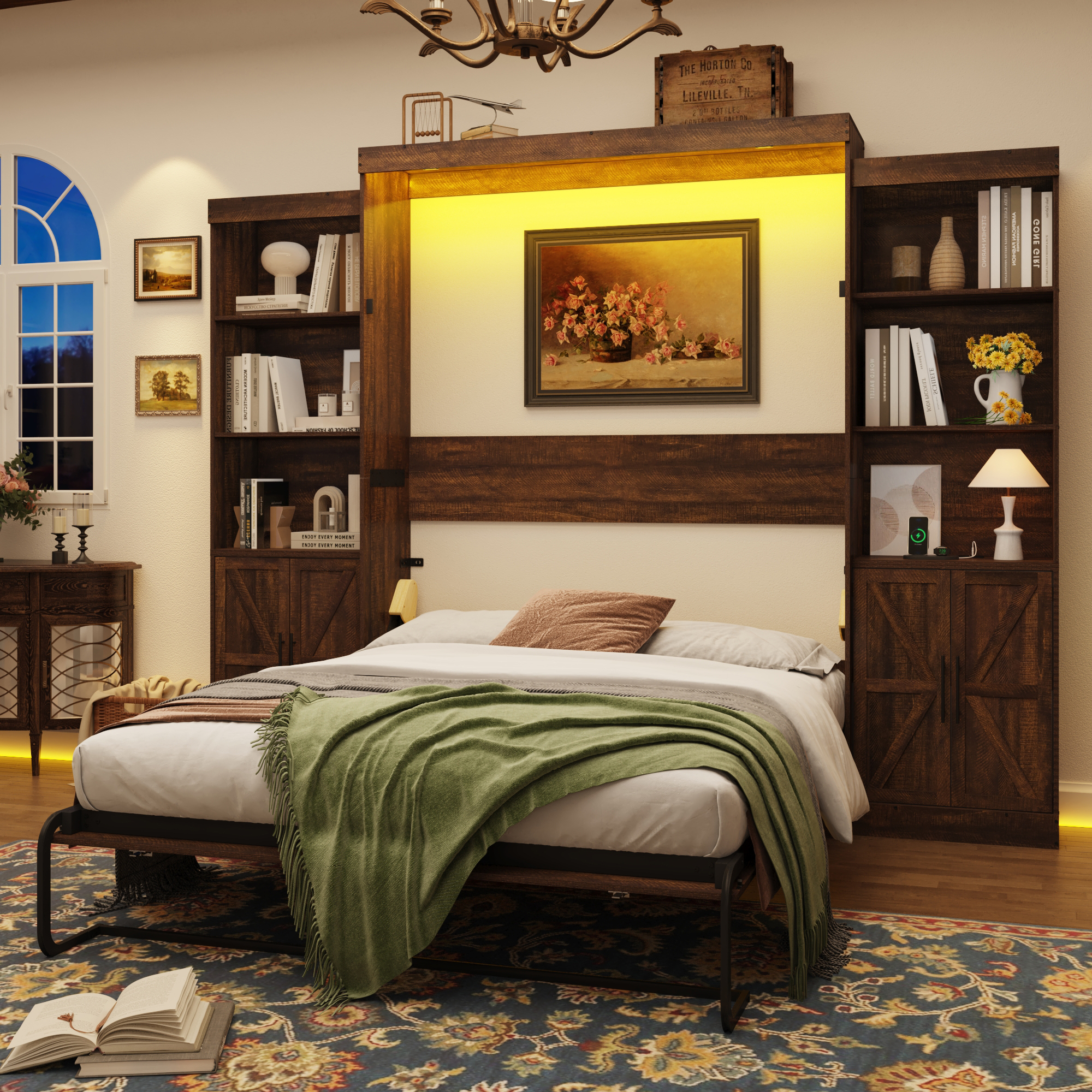 ANPOO Queen Size Murphy Bed with 2 LED Lights, Power Outlet, 2 Storage Units, Farmhouse Wood Hidden Foldable Wall Bed Frame with Gas Struts, Storage Bed Cabinet for Bedroom, Space-Saving