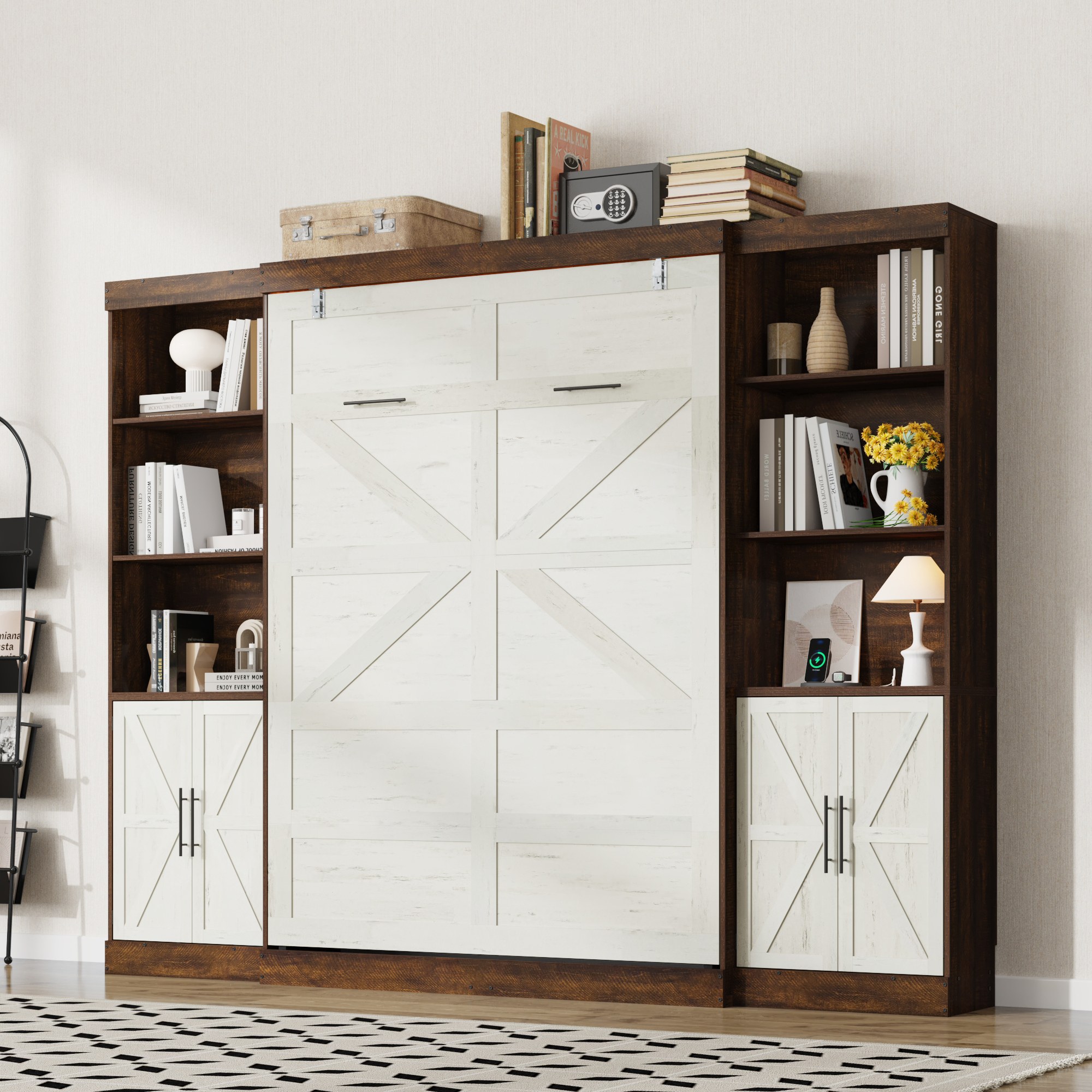 ChVans Full Murphy Wall Bed with 2 LED Lights, Power Outlet, 2 Storage Units, Farmhouse Wood Space-Saving Hidden Folding Bed Chest, Multifunctional Storage Cabinet Bed with Gas Struts for Bedroom