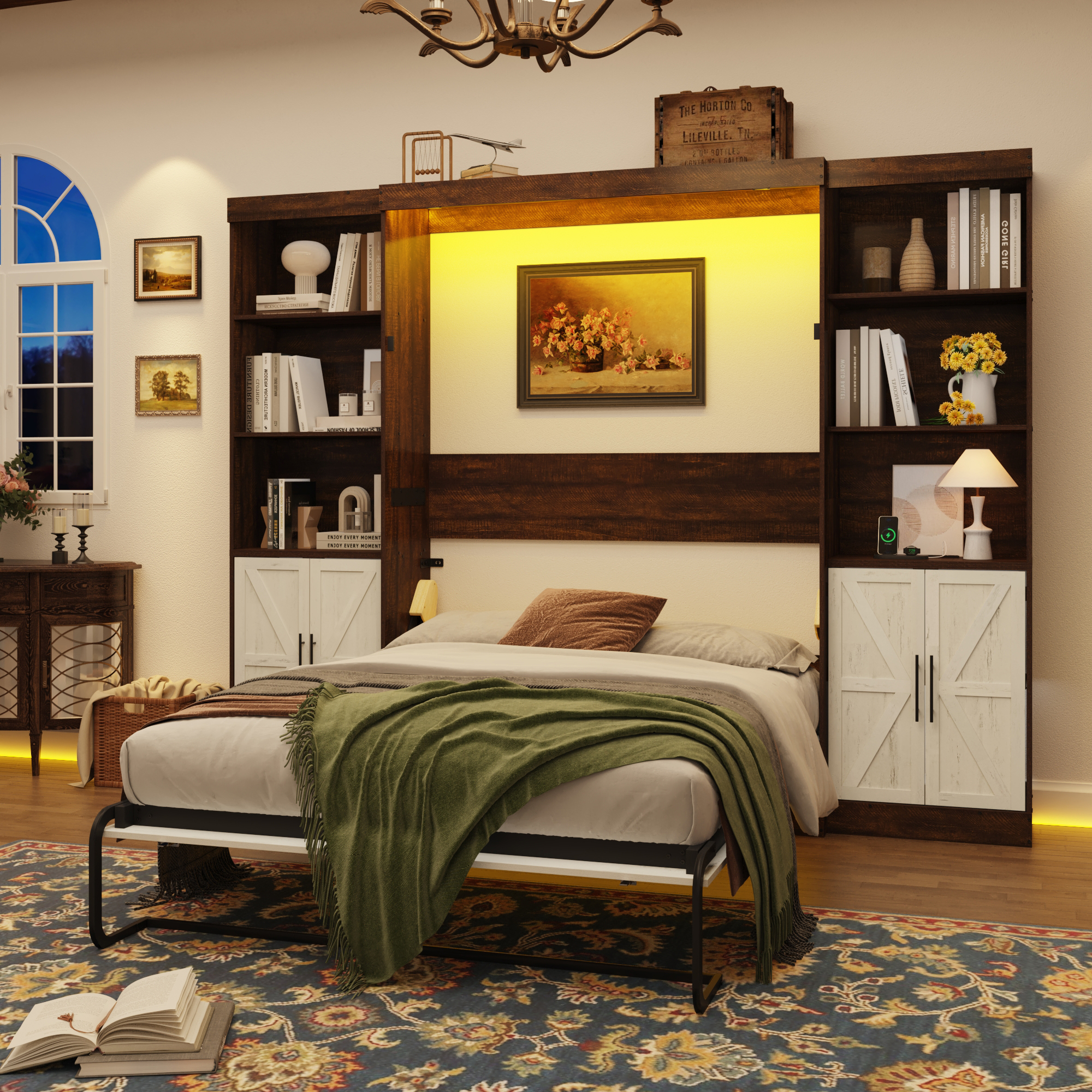 ANPOO Full Size Murphy Bed with 2 LED Lights, Power Outlet, 2 Storage Units, Farmhouse Wood Hidden Foldable Wall Bed Frame with Gas Struts, Storage Bed Cabinet for Bedroom, Space-Saving