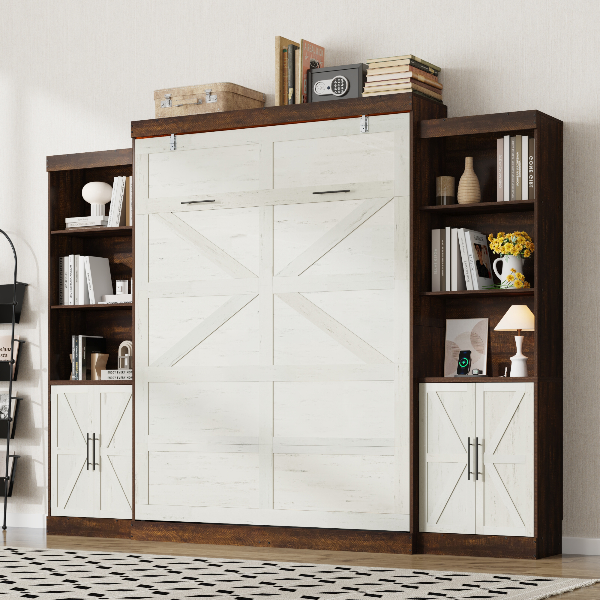 ChVans Queen Murphy Wall Bed with 2 LED Light, Power Outlet, 2 Storage Units, Farmhouse Wood Space-Saving Hidden Folding Bed Chest, Multifunctional Storage Cabinet Bed with Gas Struts for Bedroom