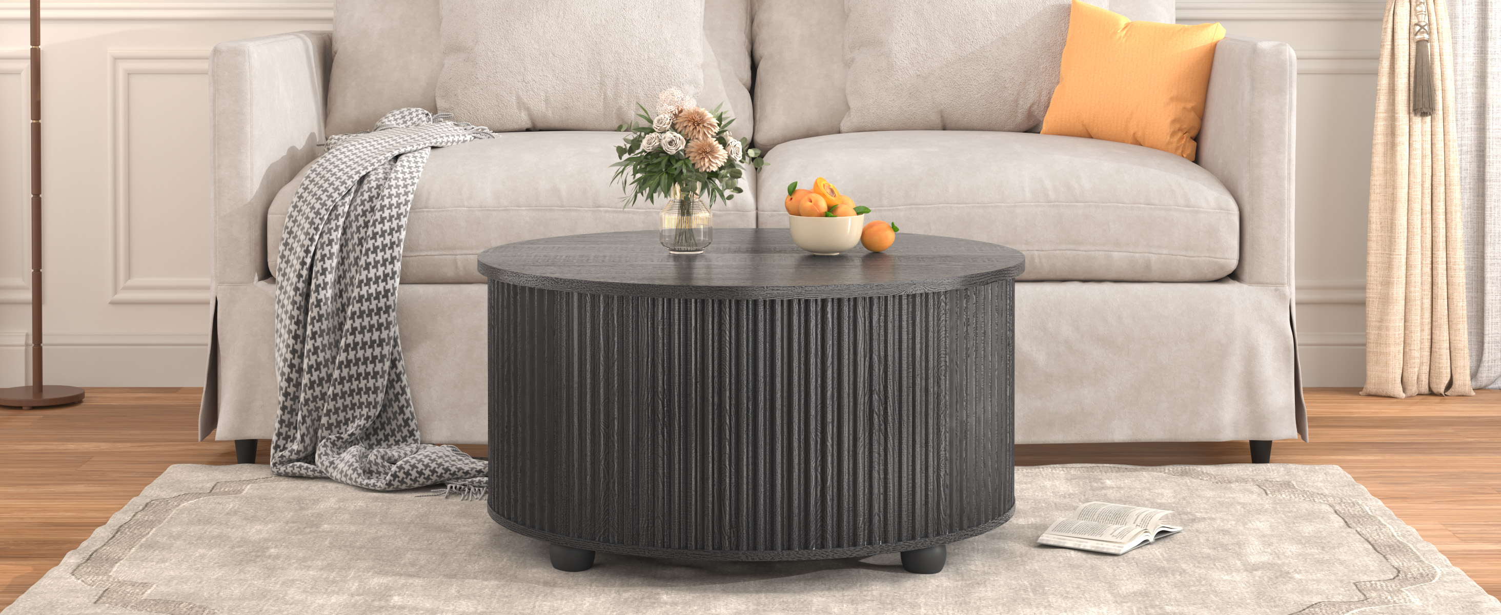 ANPOO Round Lift Top Coffee Table with Storage, 34.6" Fluted Center Table for Living Room, Modern Circle Drum Table, Mid Century Furniture for Small Space