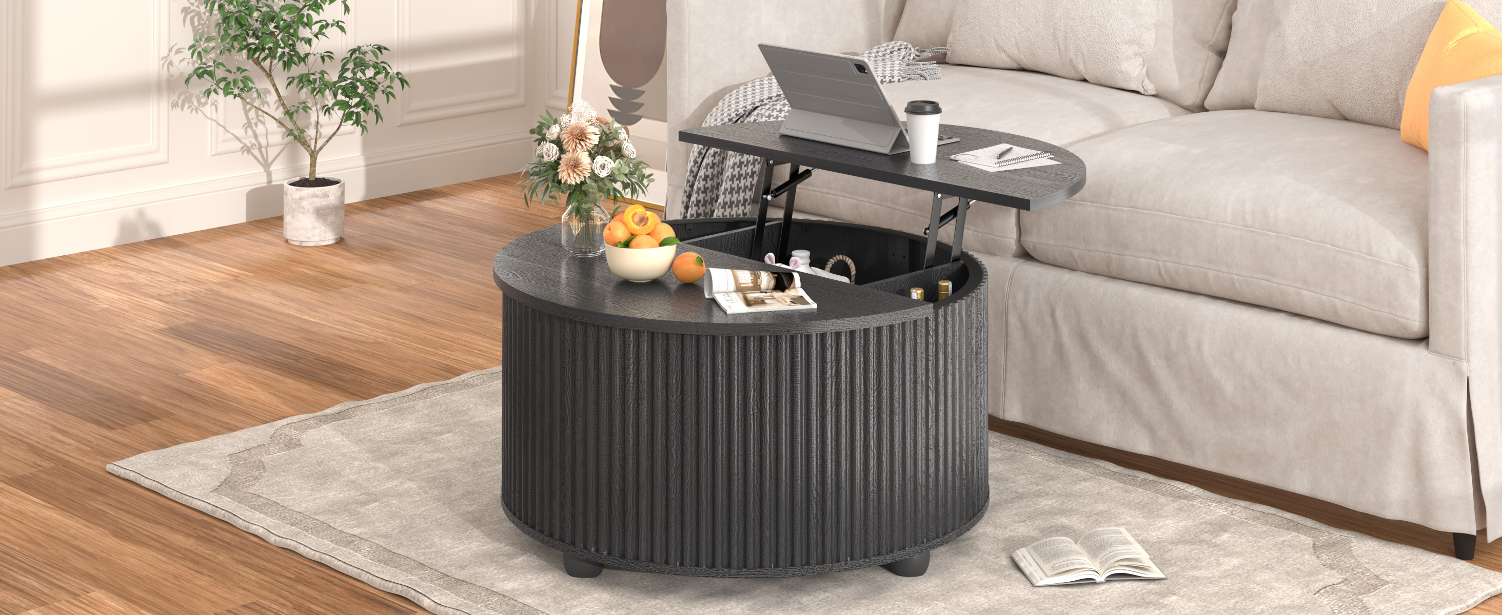 ANPOO Round Lift Top Coffee Table with Storage, 34.6" Fluted Center Table for Living Room, Modern Circle Drum Table, Mid Century Furniture for Small Space