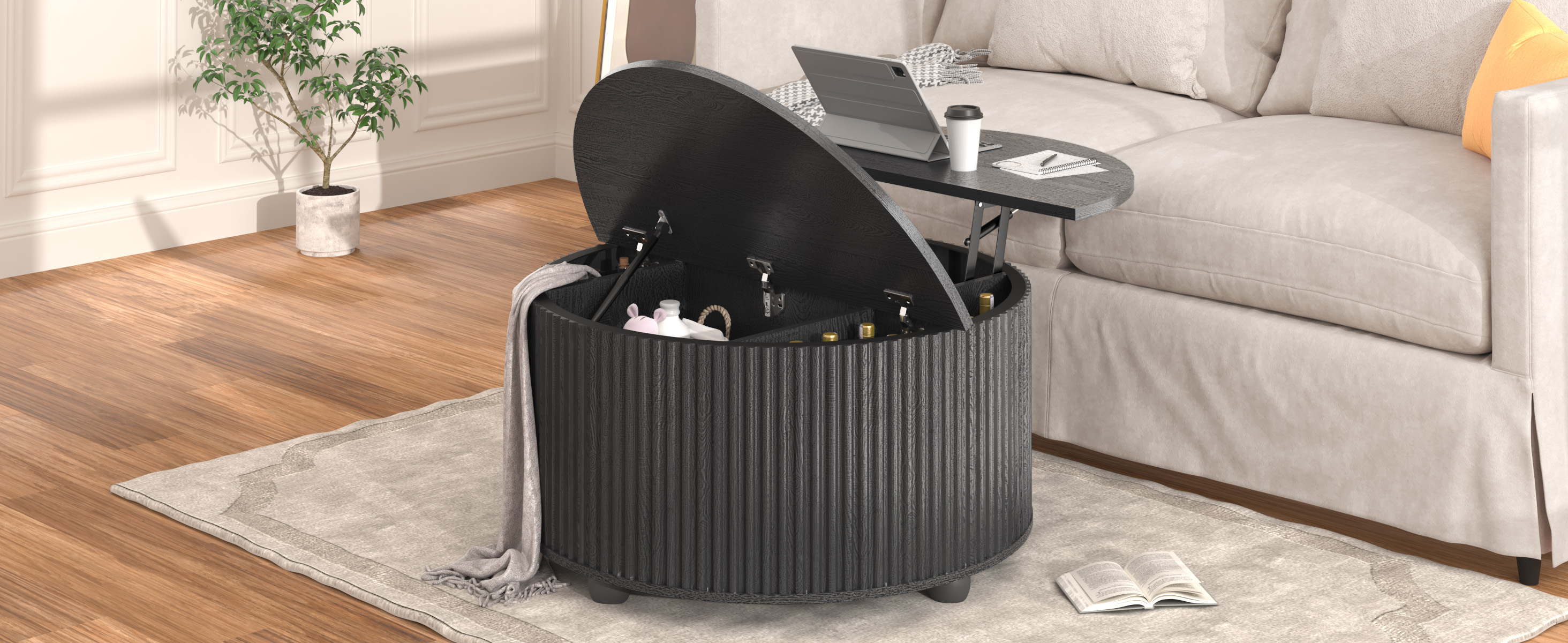 ANPOO Round Lift Top Coffee Table with Storage, 34.6" Fluted Center Table for Living Room, Modern Circle Drum Table, Mid Century Furniture for Small Space