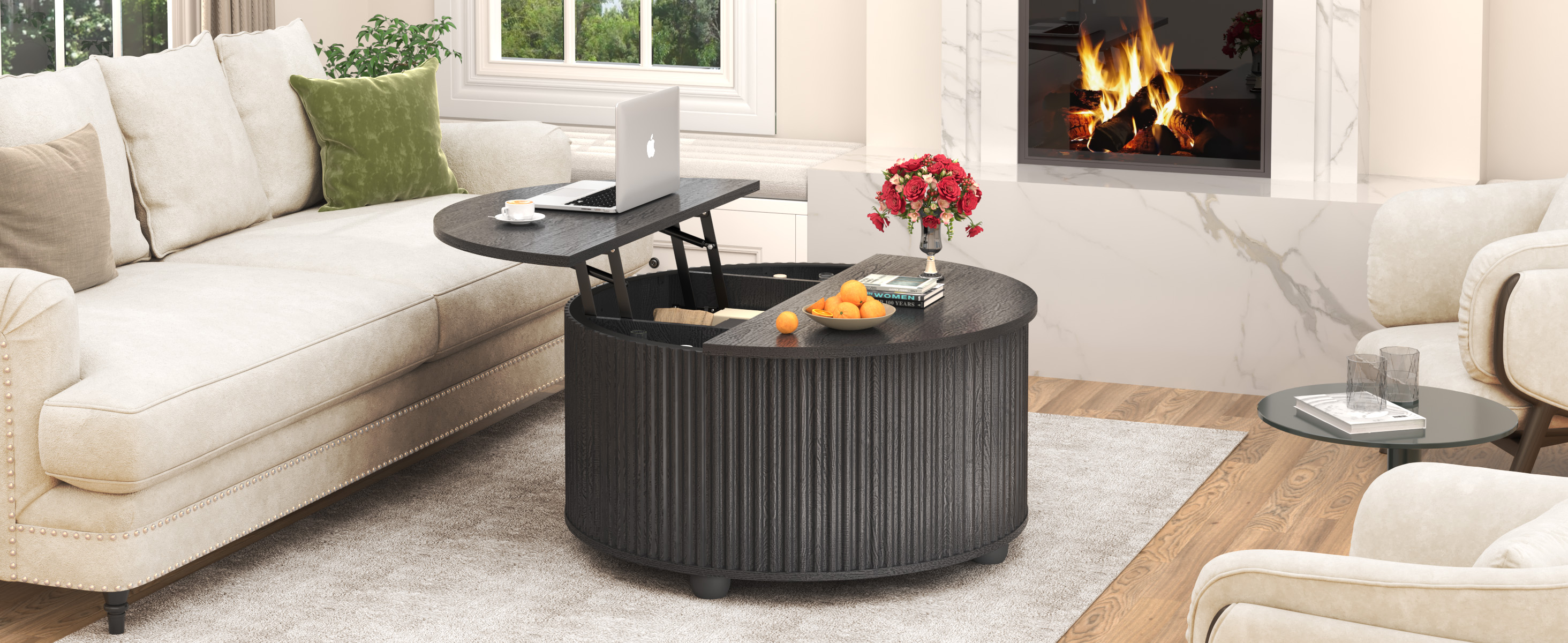 ANPOO Round Lift Top Coffee Table with Storage, 34.6" Fluted Center Table for Living Room, Modern Circle Drum Table, Mid Century Furniture for Small Space