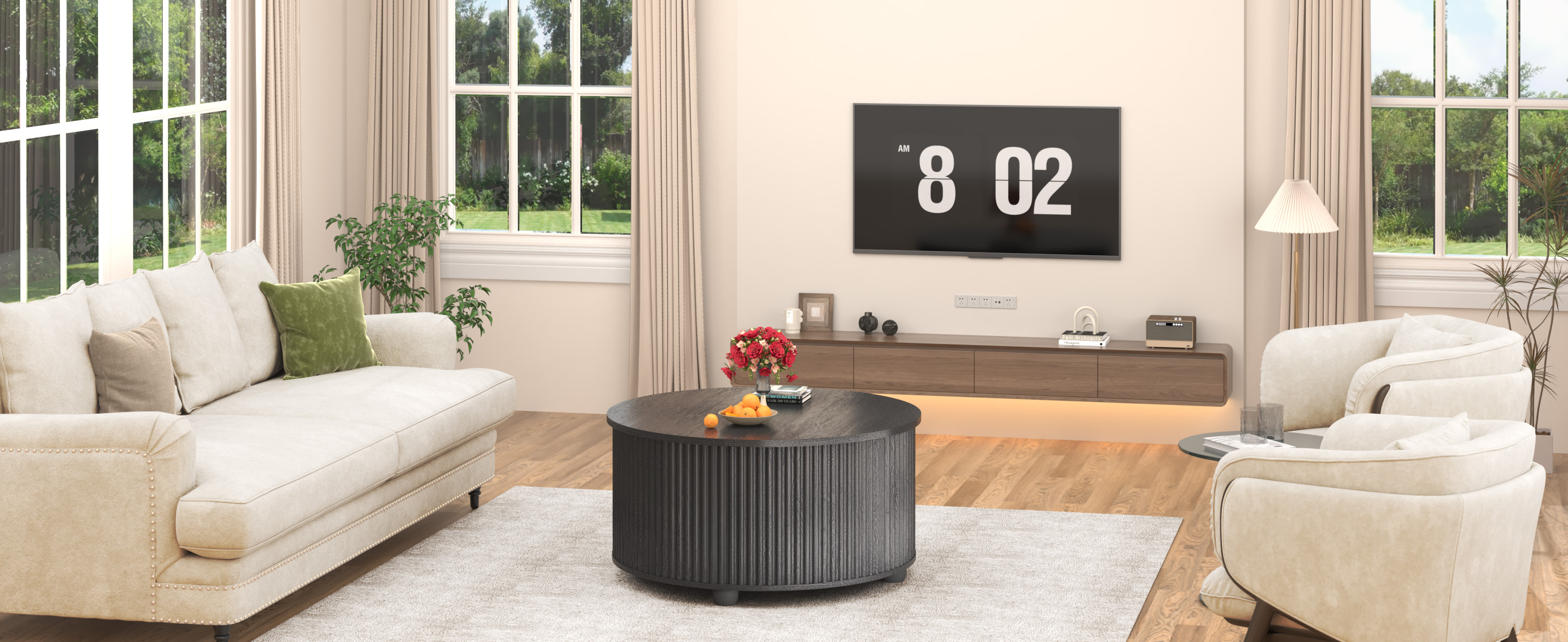 ANPOO Round Lift Top Coffee Table with Storage, 34.6" Fluted Center Table for Living Room, Modern Circle Drum Table, Mid Century Furniture for Small Space