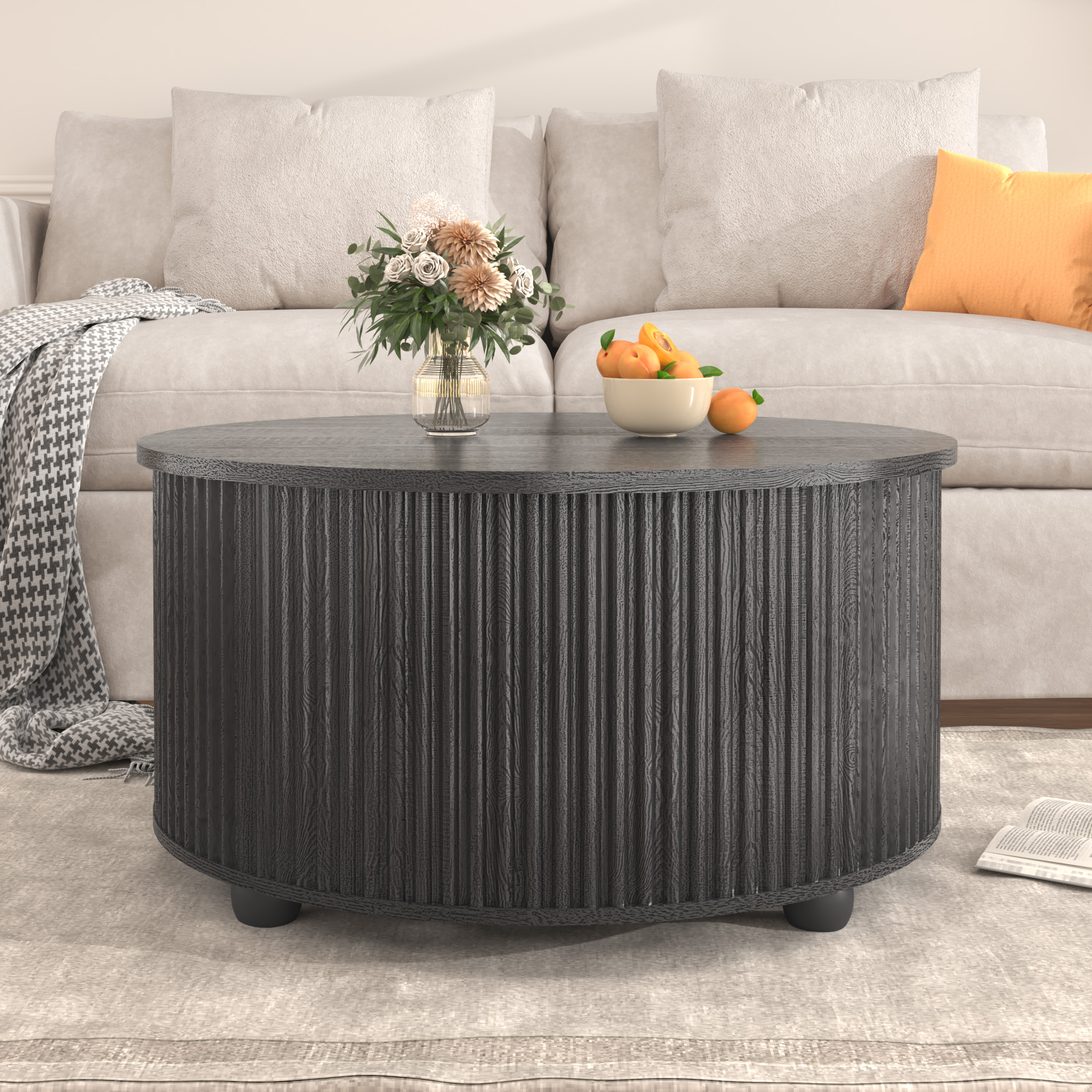 ANPOO Round Lift Top Coffee Table with Storage, 34.6" Fluted Center Table for Living Room, Modern Circle Drum Table, Mid Century Furniture for Small Space